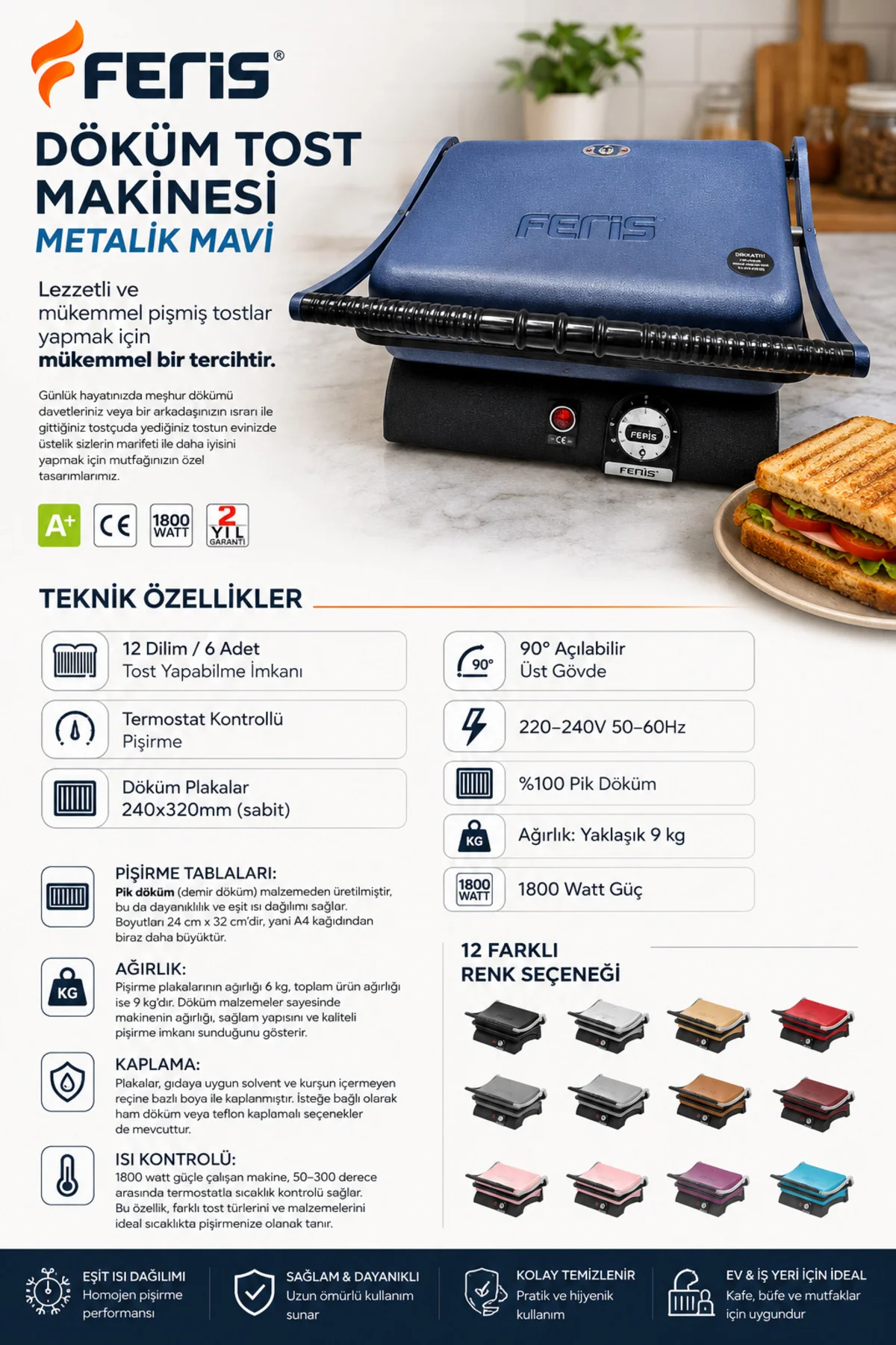 Metalik Mavi Döküm Tost Makinesi 1800W Termostatlı Pik Döküm 6 Tost Kapasiteli - FERİS Görsel 2