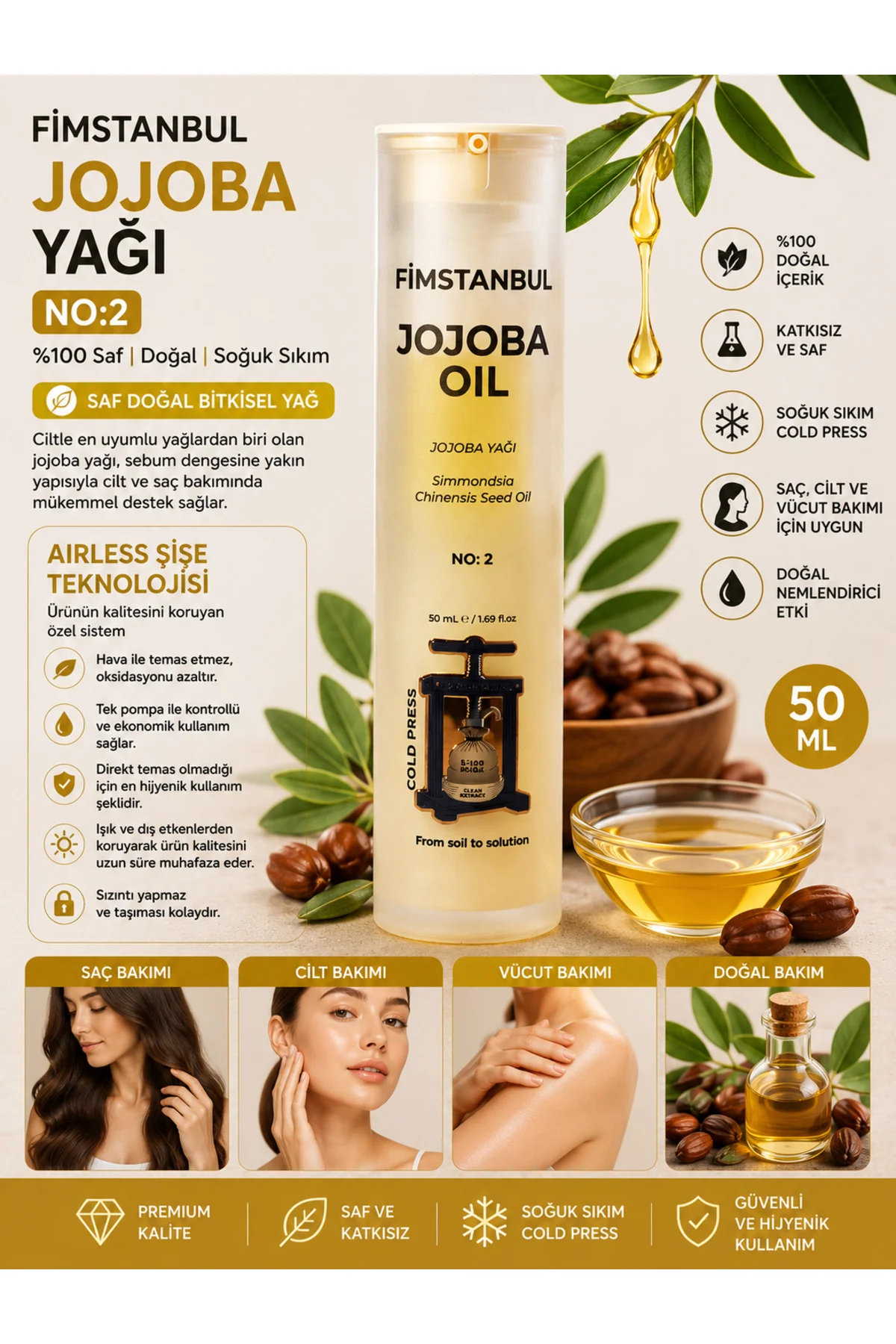 Jojoba Yağı %100 Saf Doğal Soğuk Sıkım 50 ml – No:2 Jojoba Oil Sebum Dengeleyici