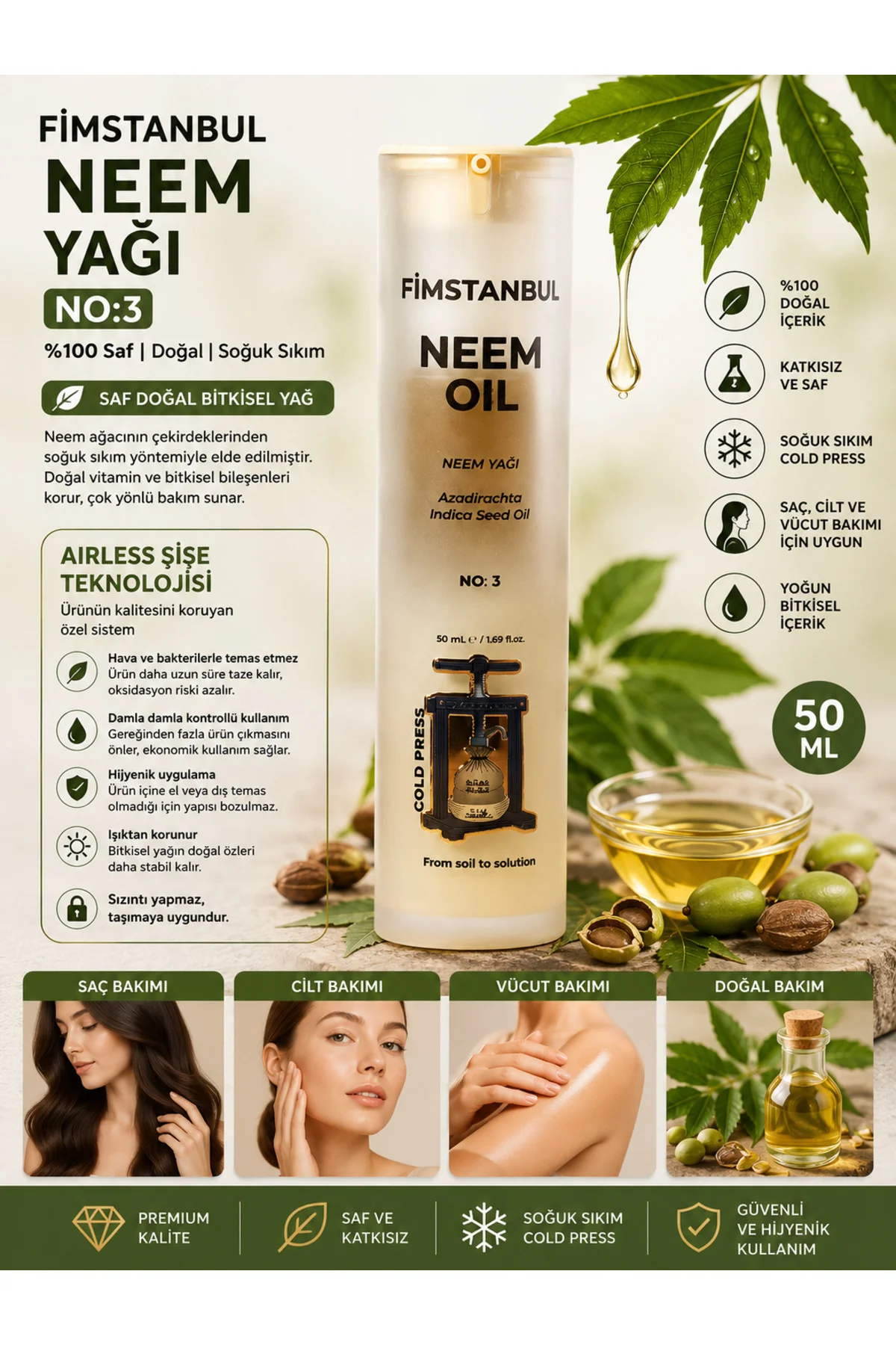 Neem Yağı %100 Saf Doğal Soğuk Sıkım 50 ml No:3 Neem Oil Cilt ve Saç Bakımı