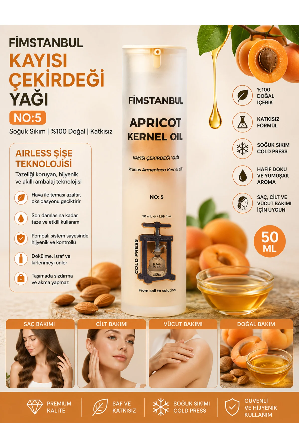 Soğuk Sıkım Kayısı Çekirdeği Yağı 50 ml – %100 Doğal Saf Apricot Kernel No:5 Cilt Nemlendirme