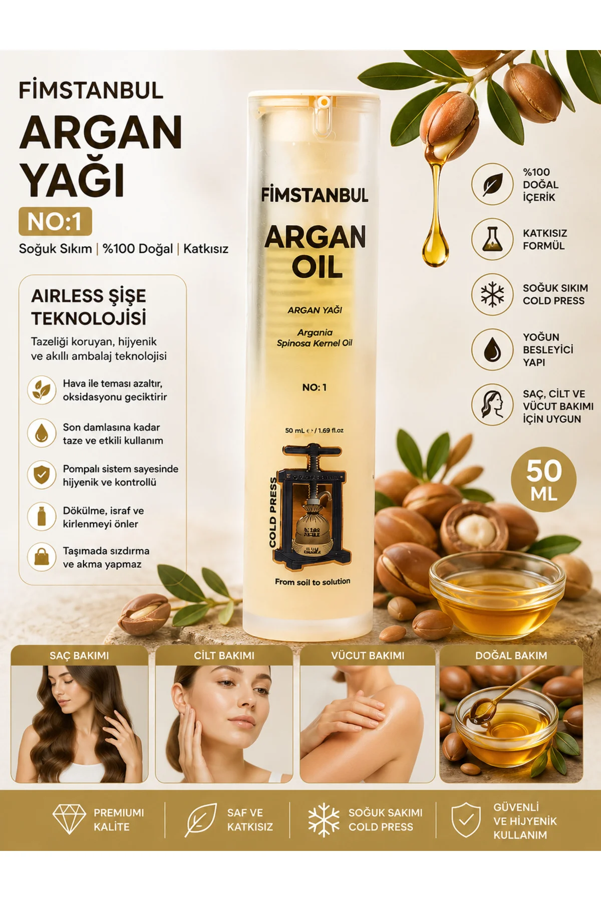 Soğuk Sıkım Argan Yağı 50 ml – %100 Doğal Saf Argan Oil No:1 Cilt ve Saç Bakım