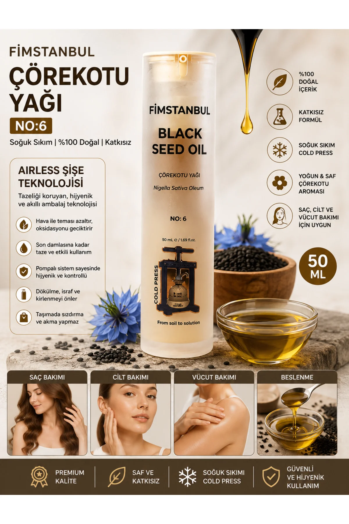 Soğuk Sıkım Çörekotu Yağı 50 ml – %100 Doğal Saf Black Seed Oil No:6 Cilt Yumuşatma