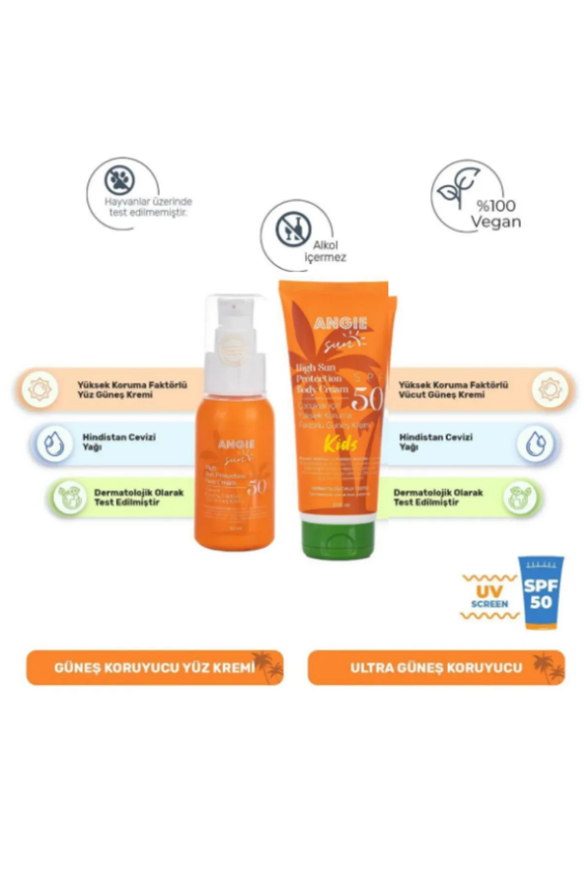 Sun Face 50 Spf Yüz Koruma Güneş Kremi 50 ml - Sun Kids Bebek ve Çocuk Güneş Kremi 200 ml 2'li Set - Angie Görsel 2