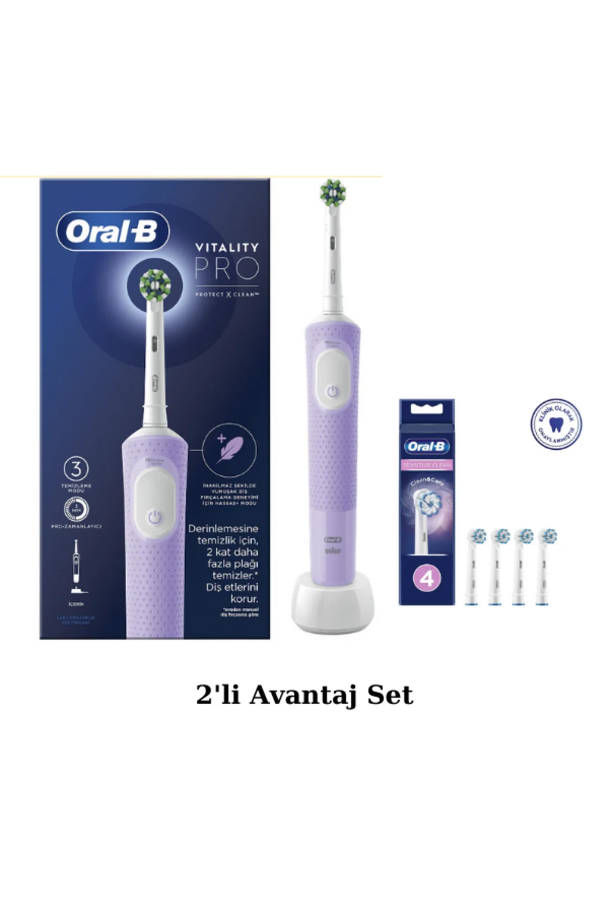 D103 Vitality Pro Şarjlı Elektrikli Diş Fırçası, Lila - Sensitive Clean, Yumuşak 4'lü Yedek Başlık