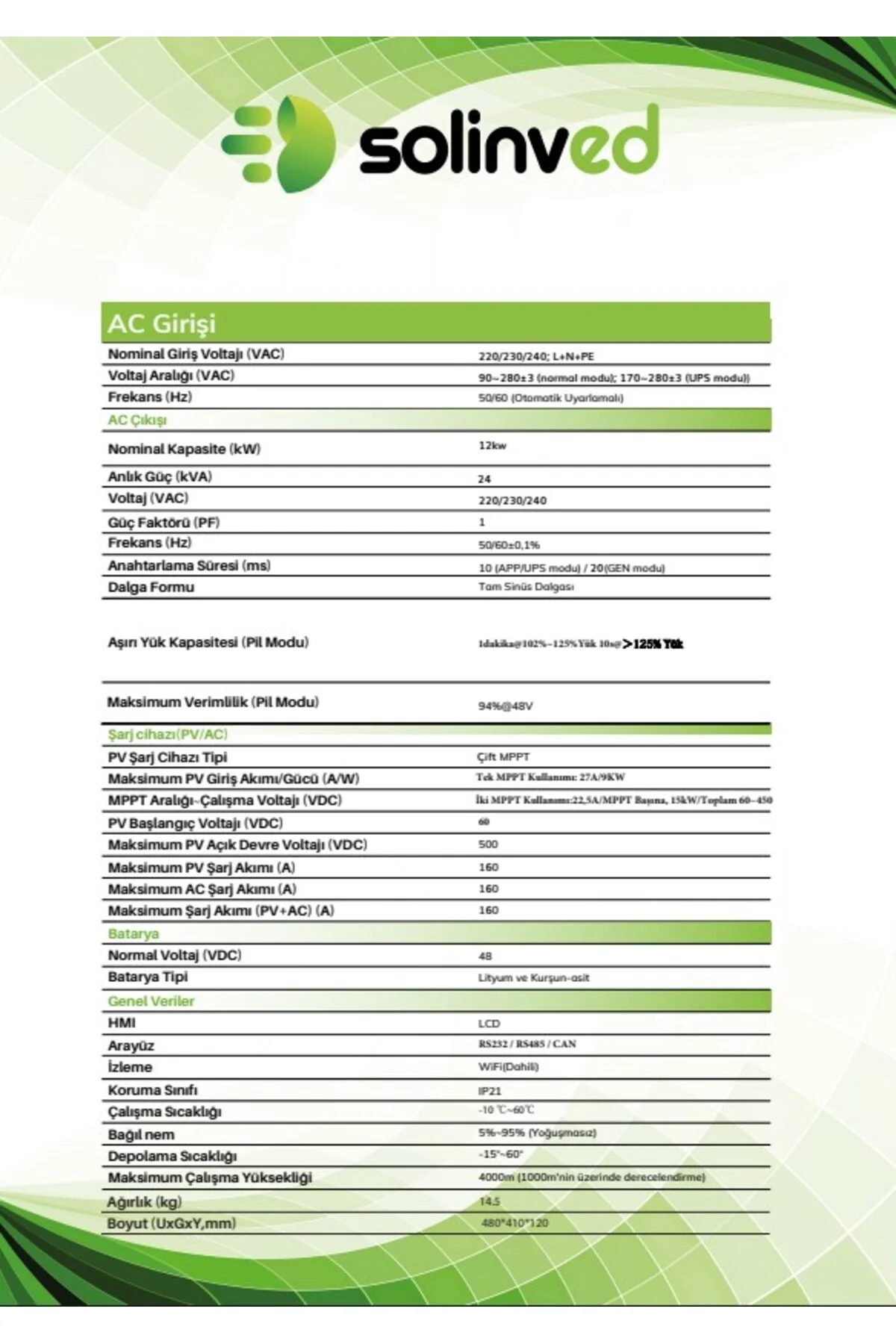 12 kW Gordion Serisi MPPT Off-Grid Inverter 48V - SOLİNVED Görsel 3