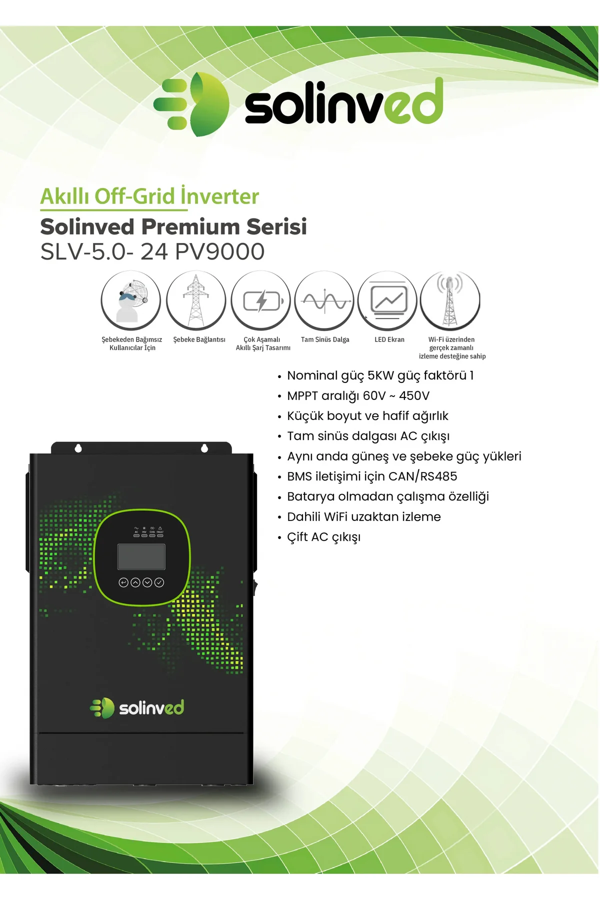 Gordion Serisi 5.0 KW MPPT OFF-GRID Inverter 5000W, 24V/ 60-450Vdc, SLV-5000-24 - SOLİNVED Görsel 2
