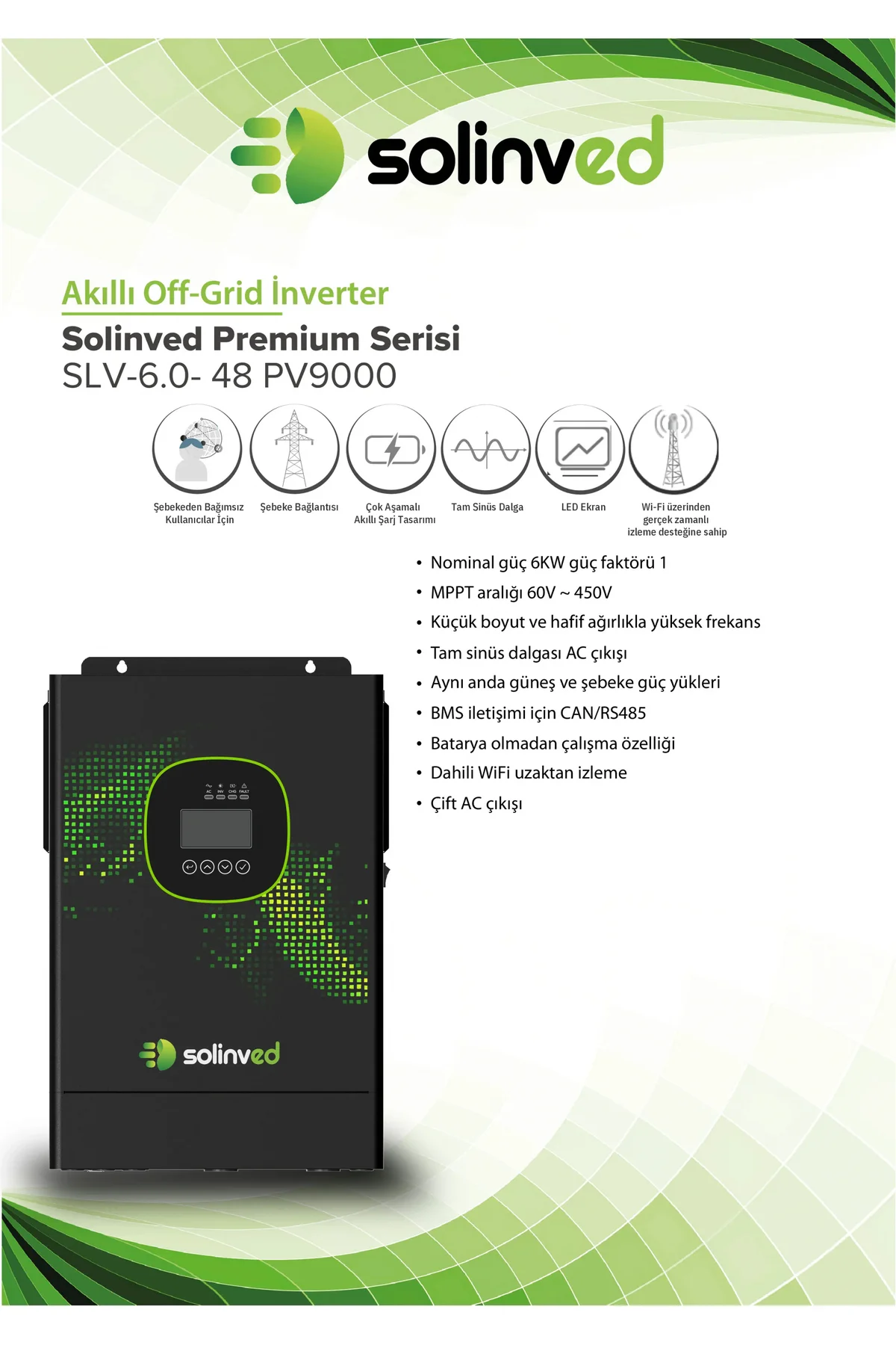 Gordion Serisi 6.0 KW MPPT OFF-GRID Inverter 6000W, 48V/ 60-450Vdc, SLV-6000-48 - SOLİNVED Görsel 2