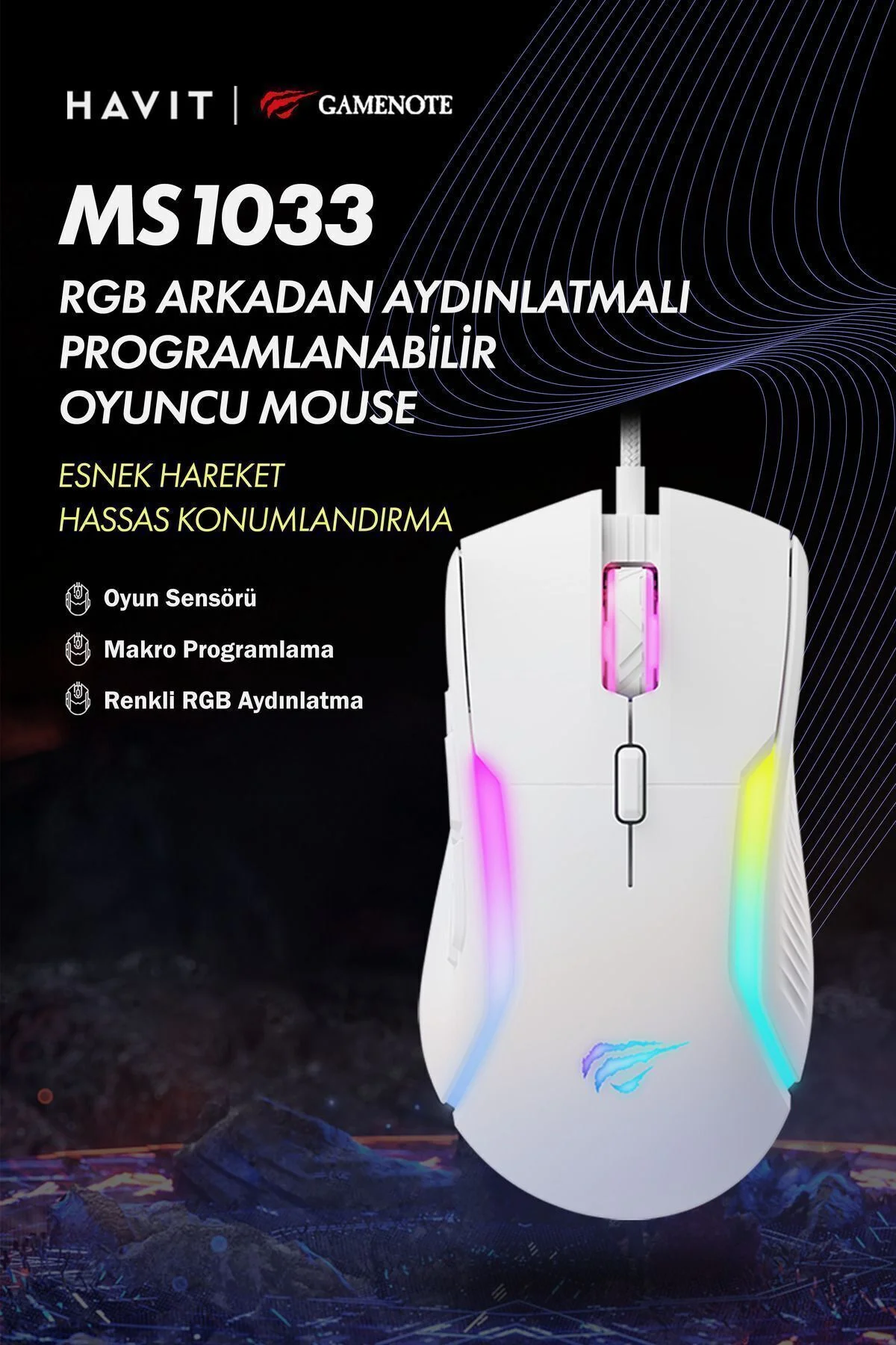 Gamenote Ms1033 Rgb Uyumlu 8000 Dpı Ayarlanabilir Ağırlıklı Beyaz Gaming Makrolu Oyuncu Mouse - Havit Görsel 2