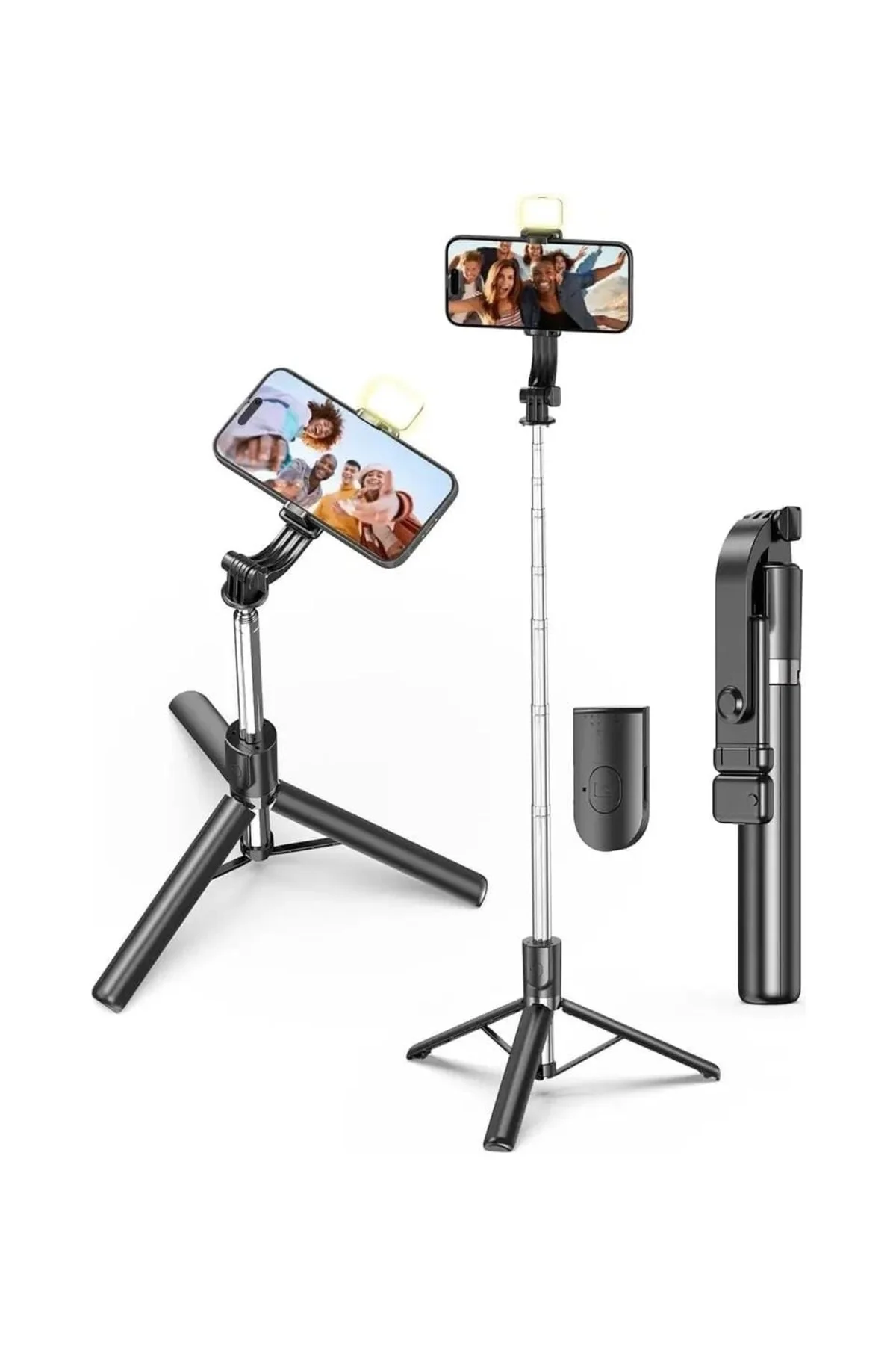 LED Işıklı Selfie Çubuğu ve Bluetooth Kumandalı Kablosuz Selfie Stick Max: 70 cm Uzunluk Siyah