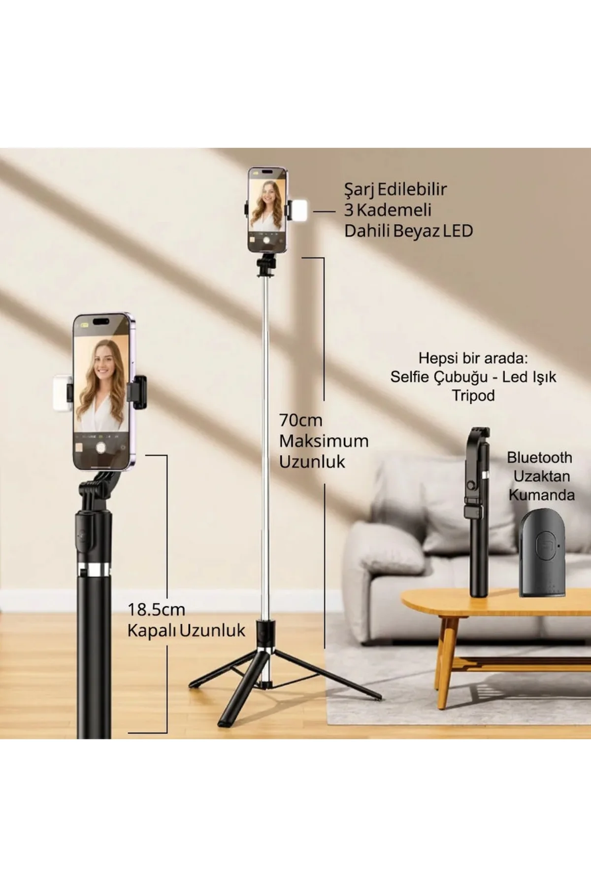LED Işıklı Selfie Çubuğu ve Bluetooth Kumandalı Kablosuz Selfie Stick Max: 70 cm Uzunluk Siyah - GenZ Bilişim Görsel 2