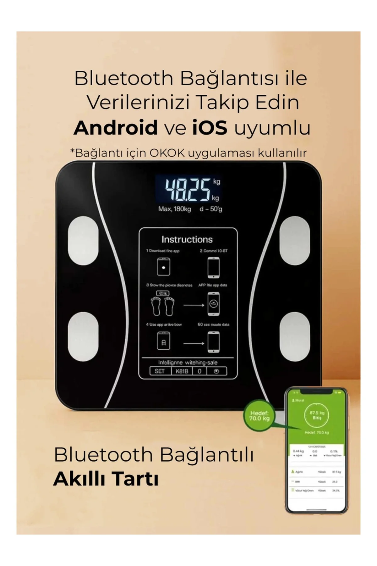 Dijital Tartı Baskül Yağ Su Kas Vücut Kitle Endeksi Kilo Ölçer Tartı Siyah