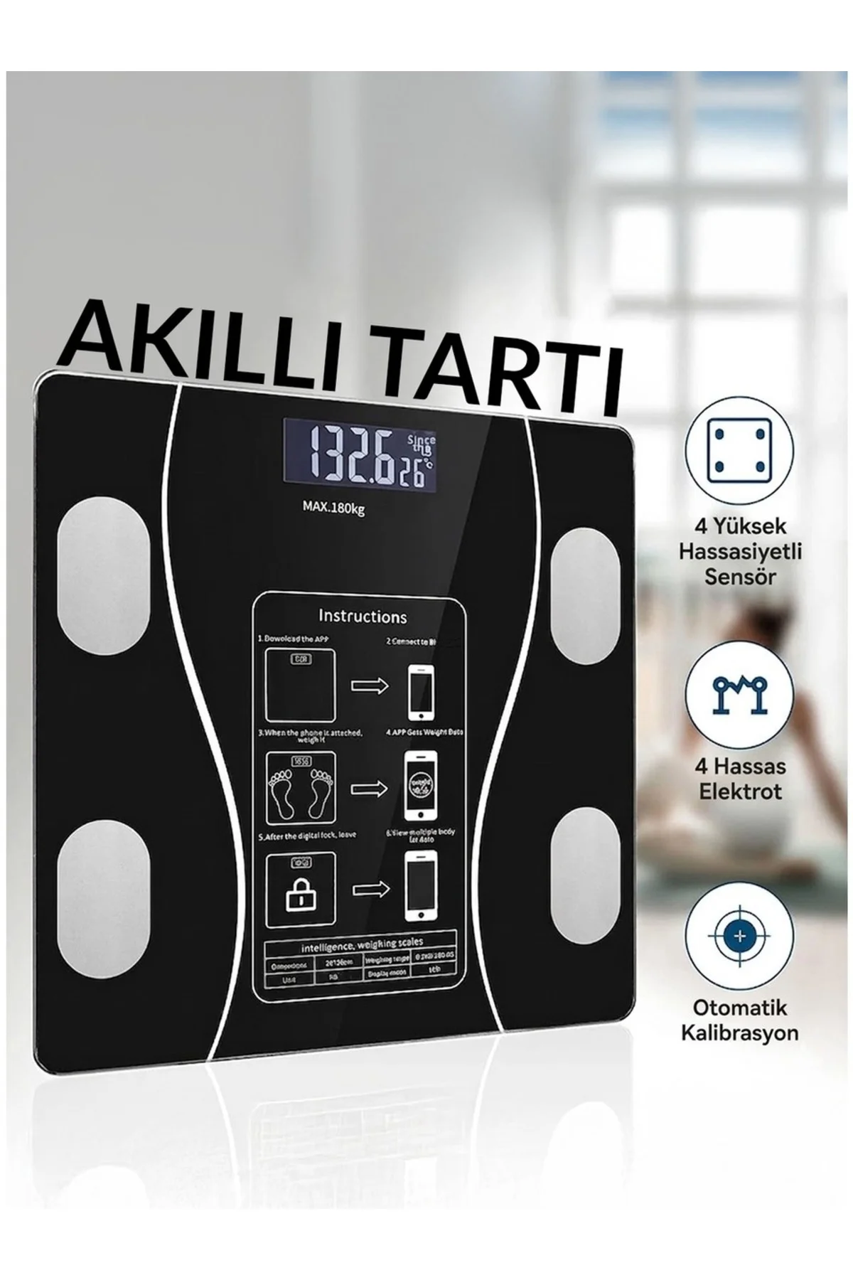 Dijital Tartı Baskül Yağ Su Kas Vücut Kitle Endeksi Kilo Ölçer Tartı Siyah - GenZ Bilişim Görsel 4