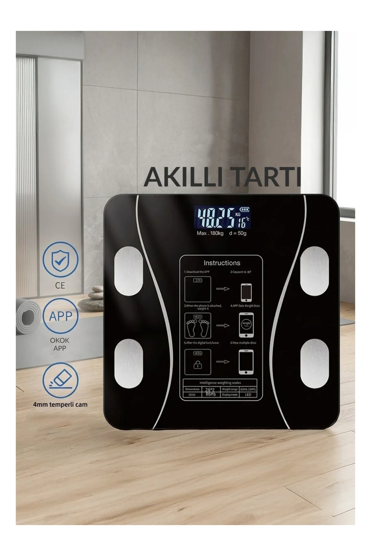 Dijital Tartı Baskül Yağ Su Kas Vücut Kitle Endeksi Kilo Ölçer Tartı Siyah - GenZ Bilişim Görsel 3