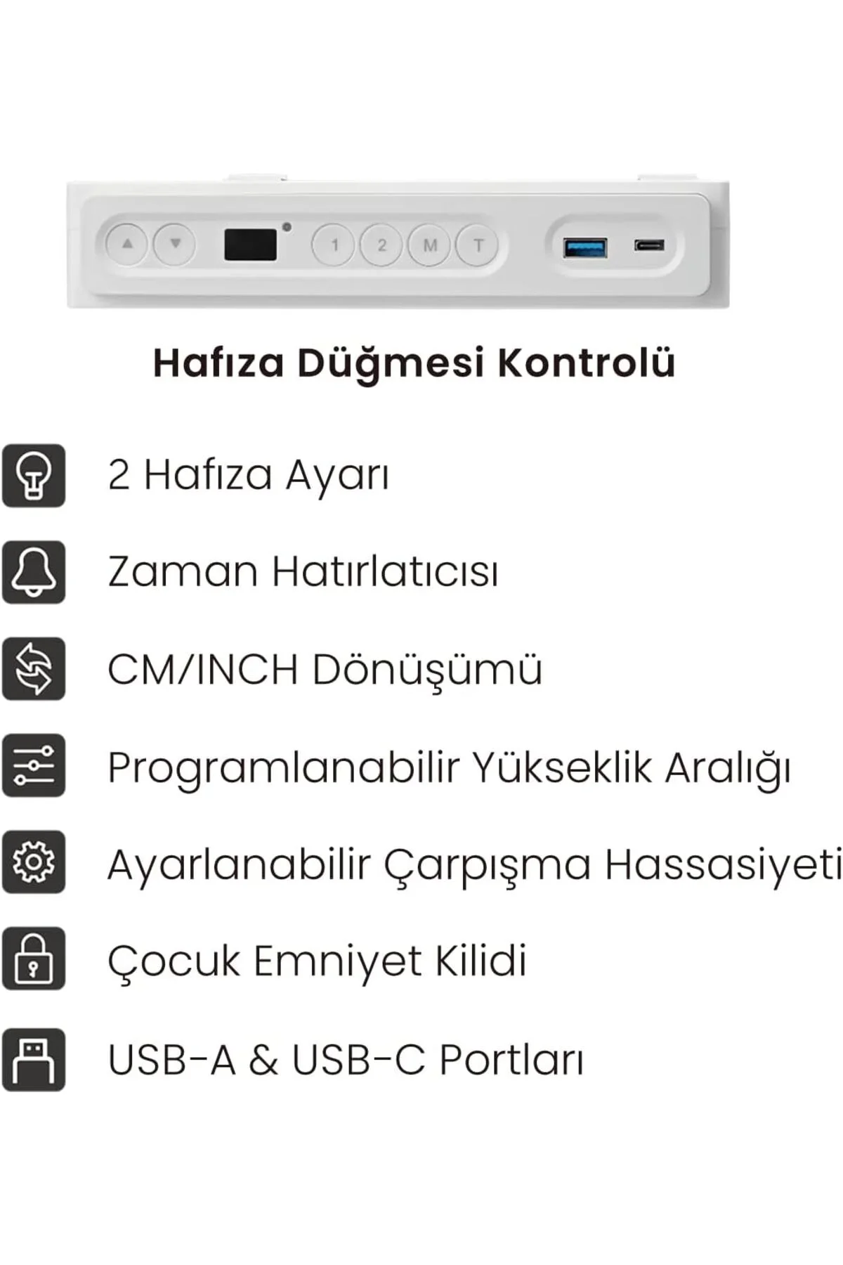 Elektrikli Çalışma Masası Yüksekliği Ayarlanabilir Hafızalı 1x Type-C 1x Usb-A - voltix Görsel 6