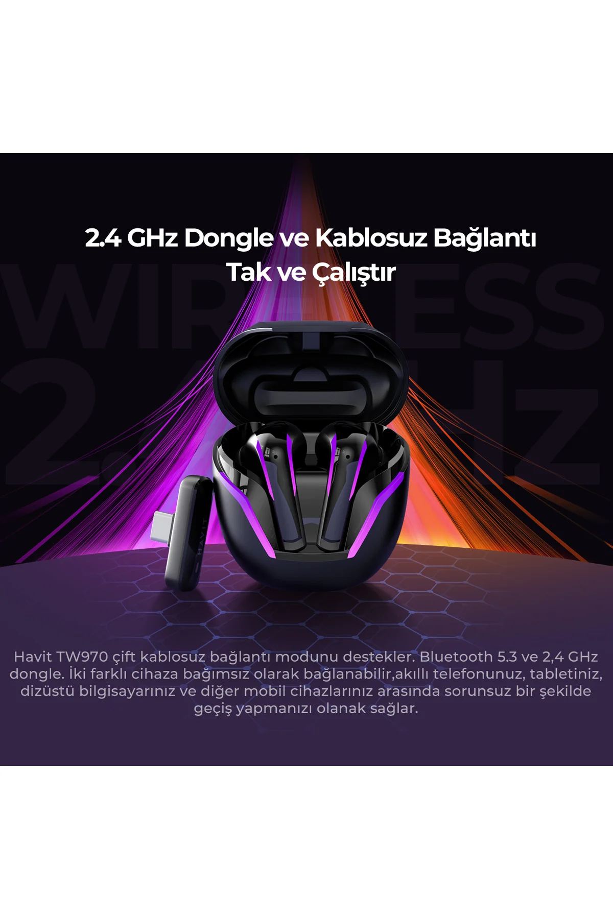 TW970 TWS RGB Gaming Bluetooth Kulaklık - 2.4GHz ve Bluetooth Modu - Havit Görsel 8