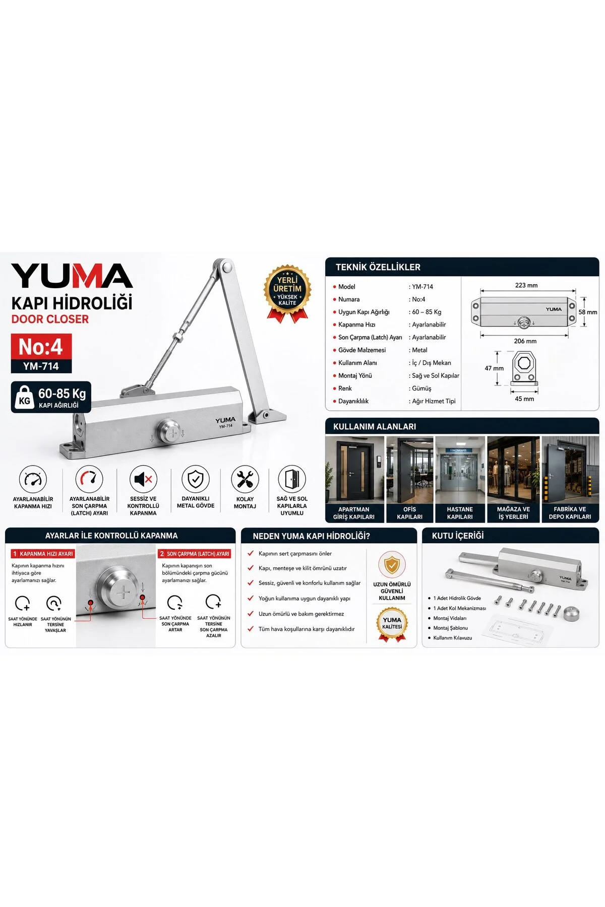 YM-714 No:4 Hidrolik Kapı Kapatıcı 60-85 Kg Ayarlanabilir Sessiz Kapı Hidroliği Ağır Hizmet Tip - Yuma Görsel 2