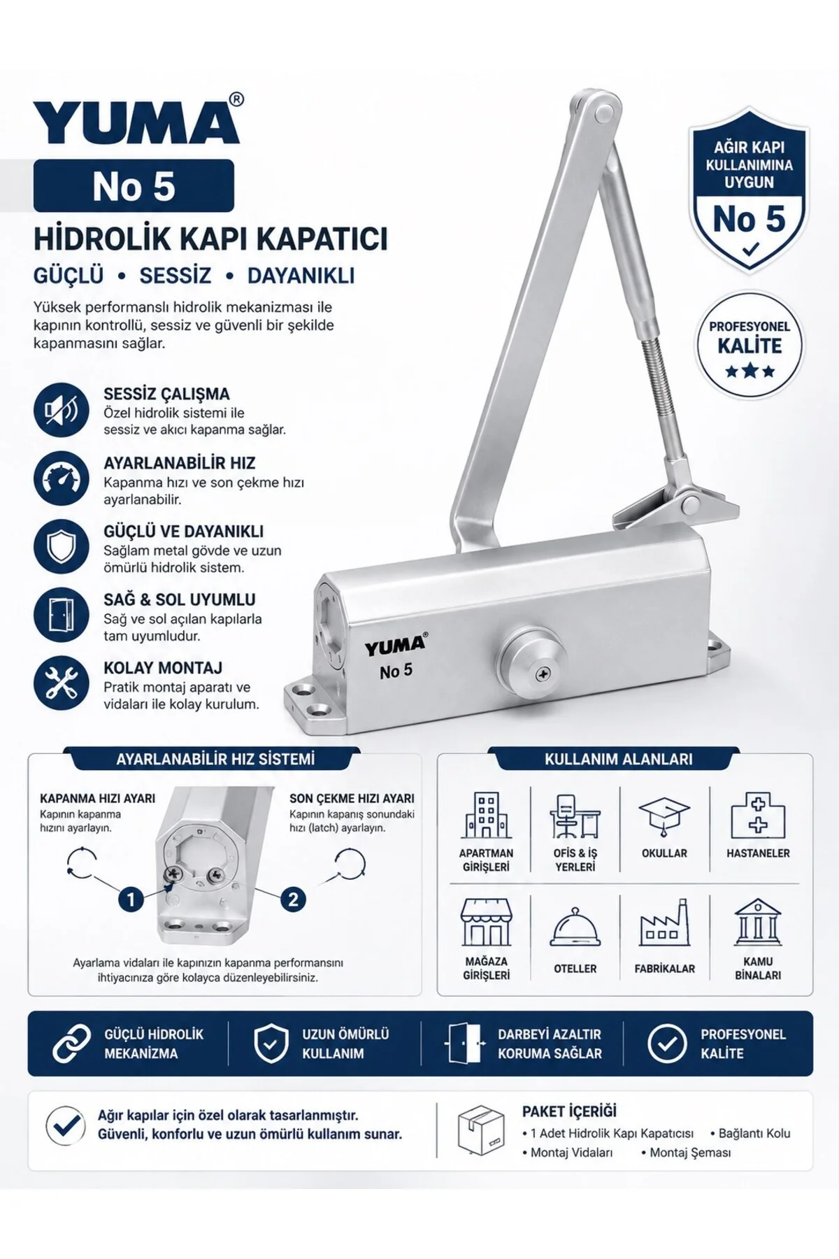 No5 Hidrolik Kapı Yayı | Ayarlanabilir Kapı Kapatıcı | Güçlü ve Sessiz Mekanizma - Yuma Görsel 2