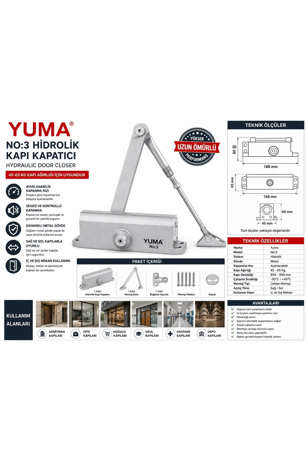 hidrolik kapı kapatıcı, No 3 kapı yayı, hidrolik kapı yayı, otomatik kapı kapatıcı, kapı kapatm - Yuma Görsel 2