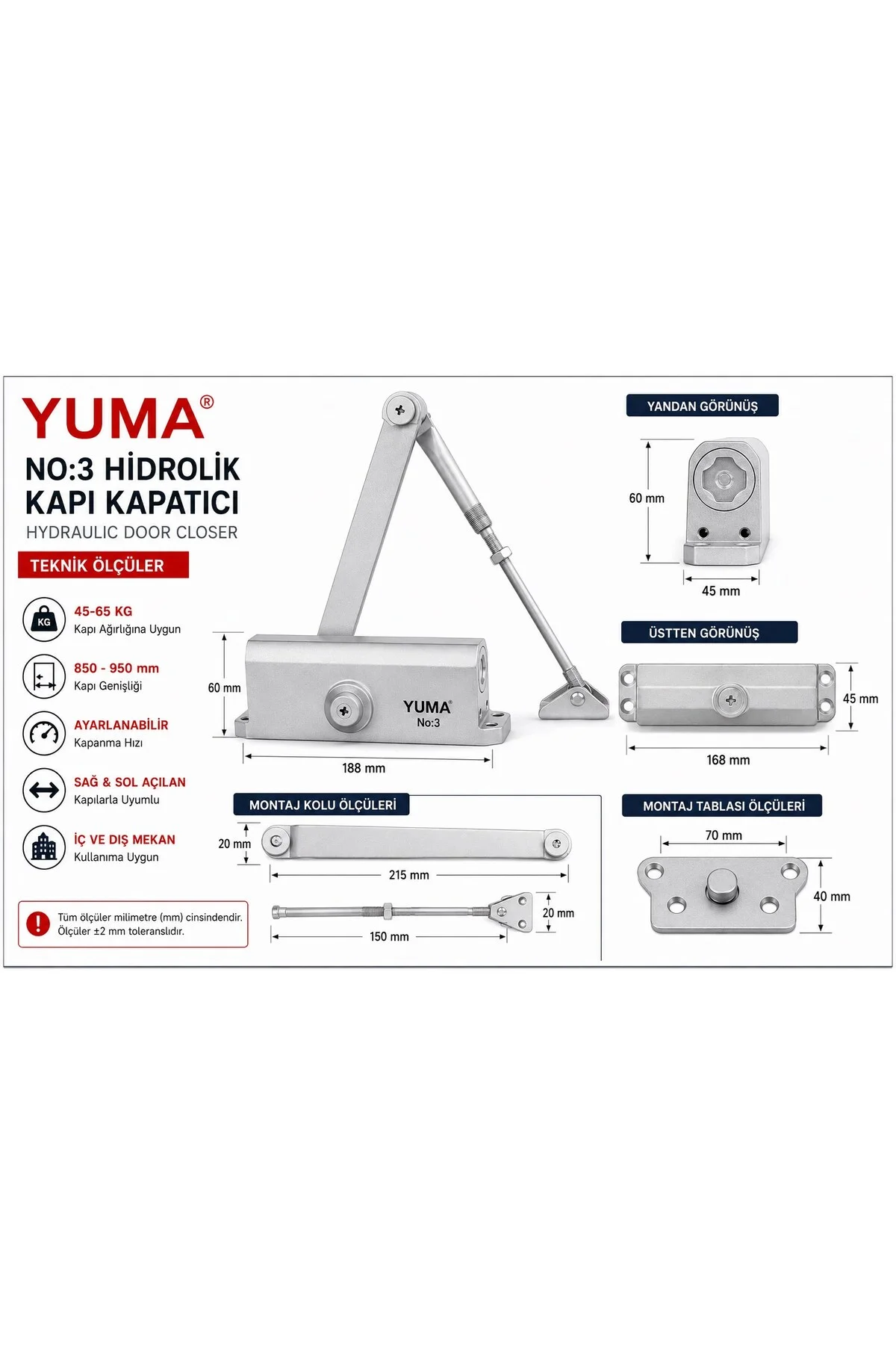 hidrolik kapı kapatıcı, No 3 kapı yayı, hidrolik kapı yayı, otomatik kapı kapatıcı, kapı kapatm - Yuma Görsel 3