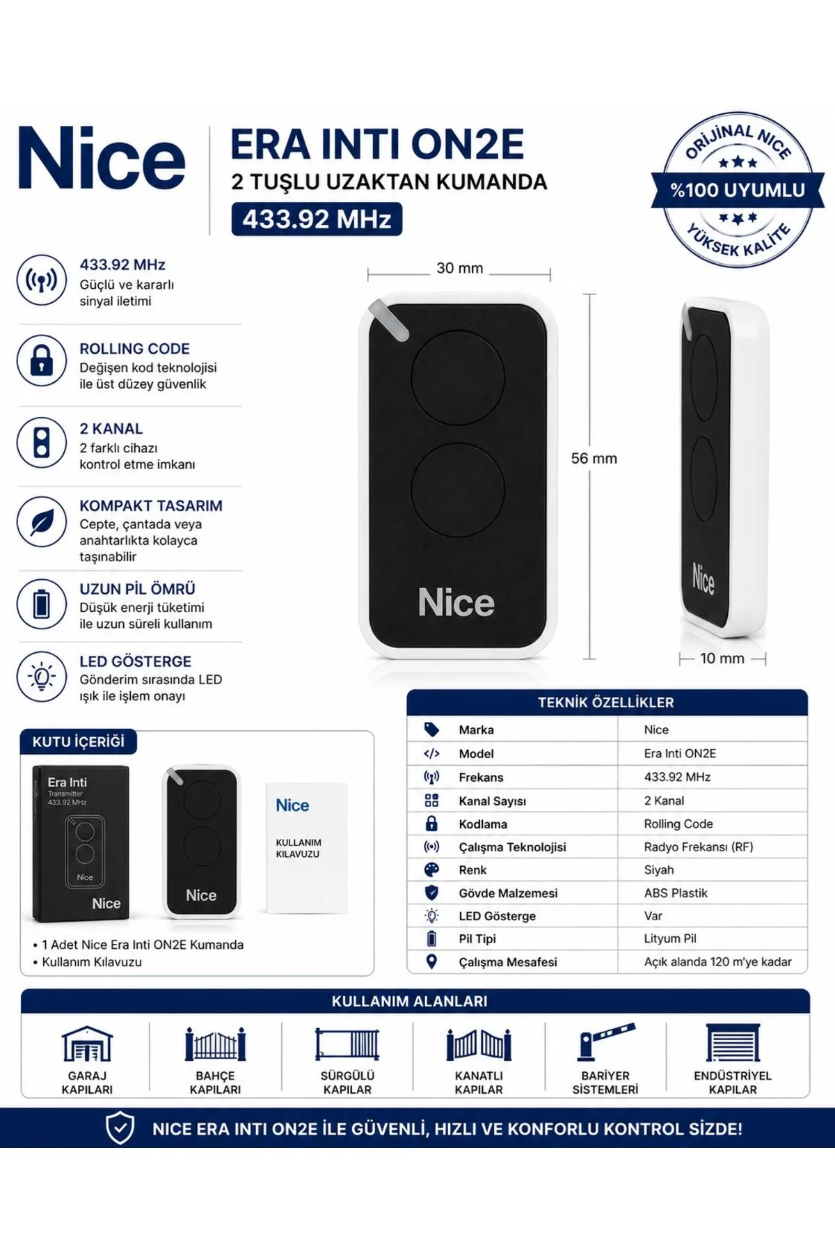 Nice Era Inti ON2E 2 Tuşlu Garaj Kapısı ve Otomatik Kapı Kumandası 433.92 MHz Siyah - Bft Görsel 6