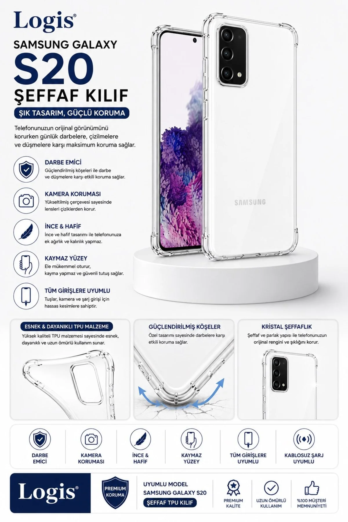 Samsung Galaxy S20 Uyumlu Şeffaf Silikon Kılıf Darbe Emici Kamera Korumalı İnce Esnek TPU Tele - Logis Görsel 3