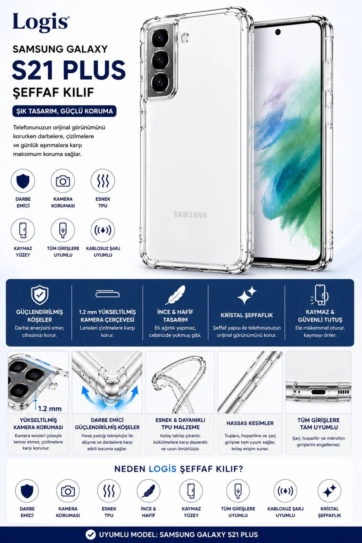 Samsung Galaxy S21 Plus Uyumlu Şeffaf Silikon Kılıf Darbe Emici Kamera Korumalı İnce Esnek Pre - Logis Görsel 6