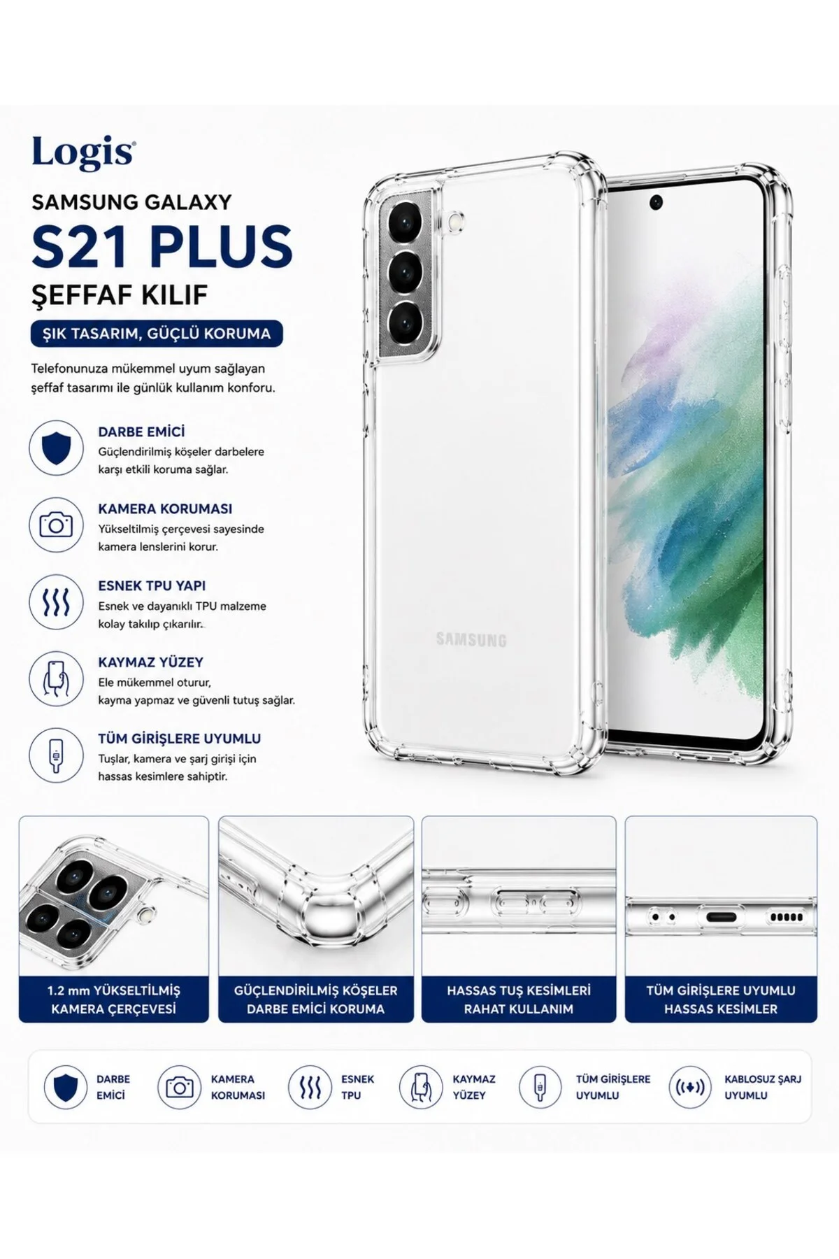 Samsung Galaxy S21 Plus Uyumlu Şeffaf Silikon Kılıf Darbe Emici Kamera Korumalı İnce Esnek Pre - Logis Görsel 2