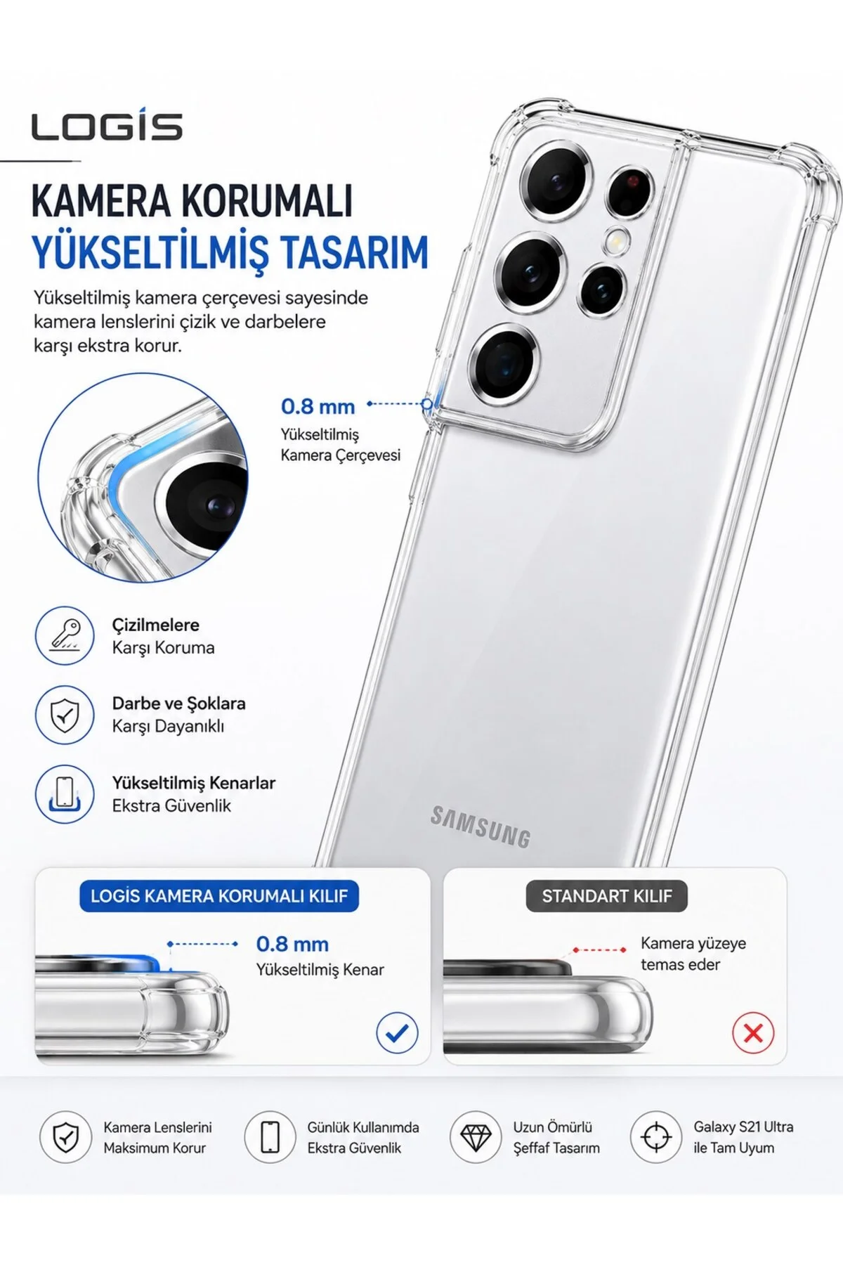 Samsung Galaxy S21 Ultra Uyumlu Şeffaf Silikon Kılıf | Kamera Korumalı Darbe Emici Esnek TPU - Logis Görsel 3