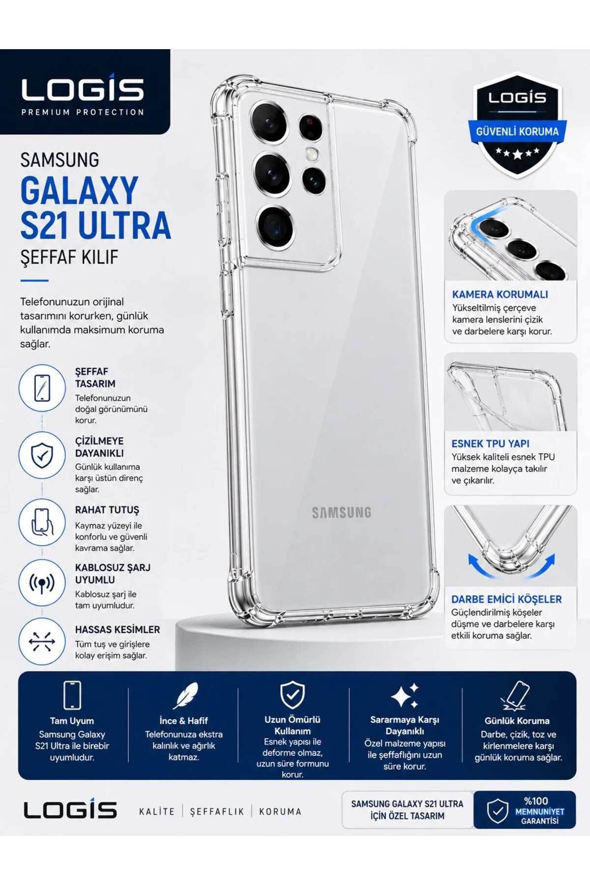Samsung Galaxy S21 Ultra Uyumlu Şeffaf Silikon Kılıf | Kamera Korumalı Darbe Emici Esnek TPU - Logis Görsel 4