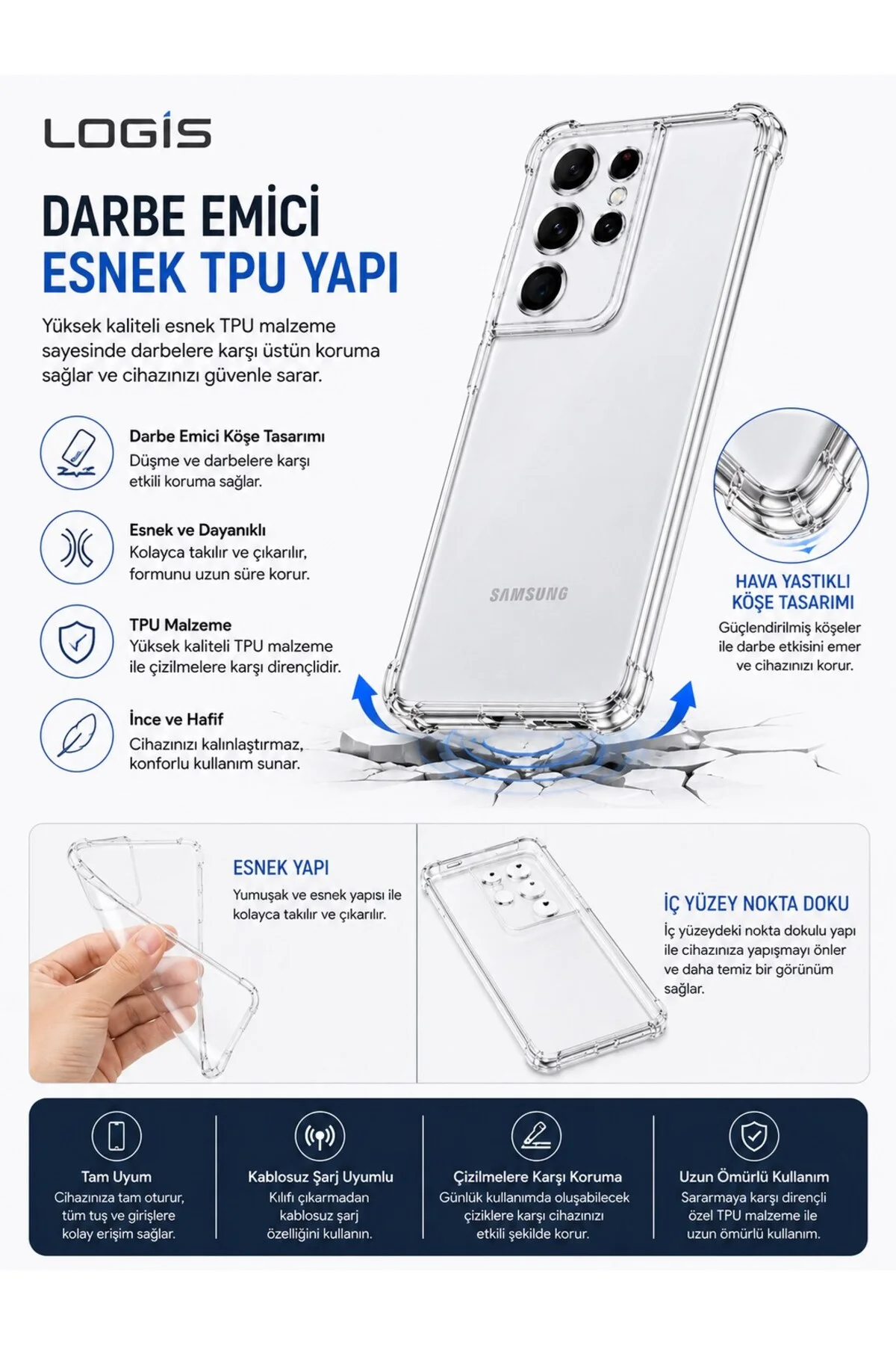 Samsung Galaxy S21 Ultra Uyumlu Şeffaf Silikon Kılıf | Kamera Korumalı Darbe Emici Esnek TPU - Logis Görsel 5
