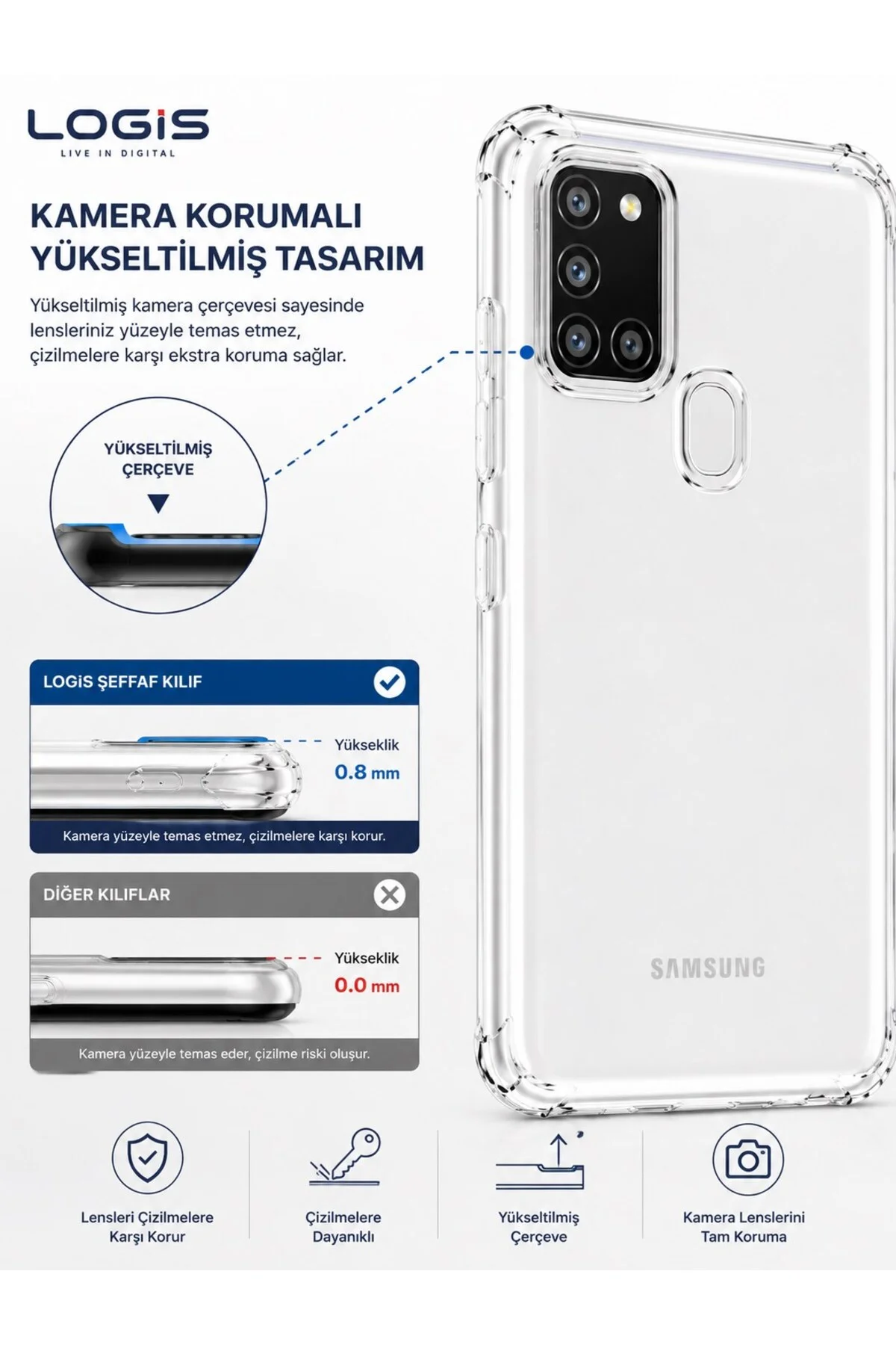 Samsung Galaxy A21S Uyumlu Şeffaf Silikon Kılıf – Kamera Korumalı Darbe Emici TPU Kılıf - Logis Görsel 3