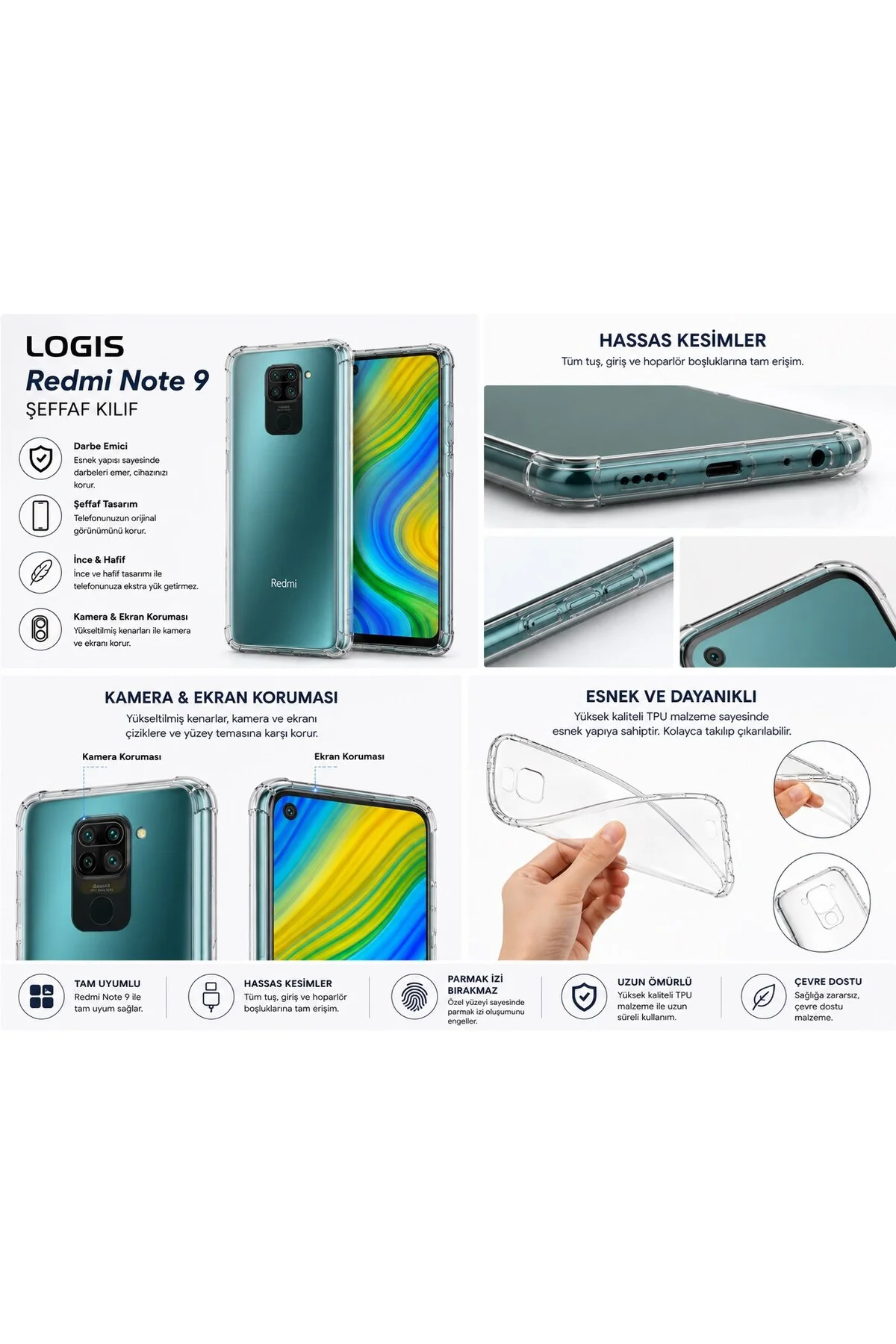 Xiaomi Redmi Note 9 Uyumlu Şeffaf Silikon Kılıf | Darbe Emici İnce Esnek TPU Telefon Koruyucu - Logis Görsel 4