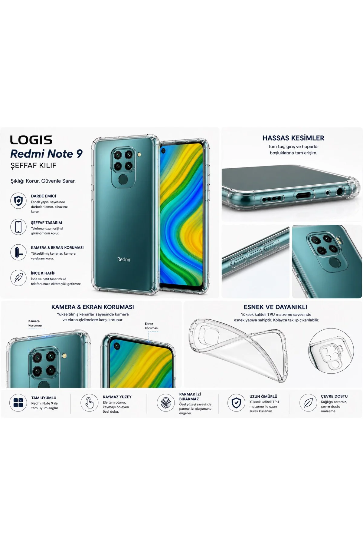 Xiaomi Redmi Note 9 Uyumlu Şeffaf Silikon Kılıf | Darbe Emici İnce Esnek TPU Telefon Koruyucu - Logis Görsel 3
