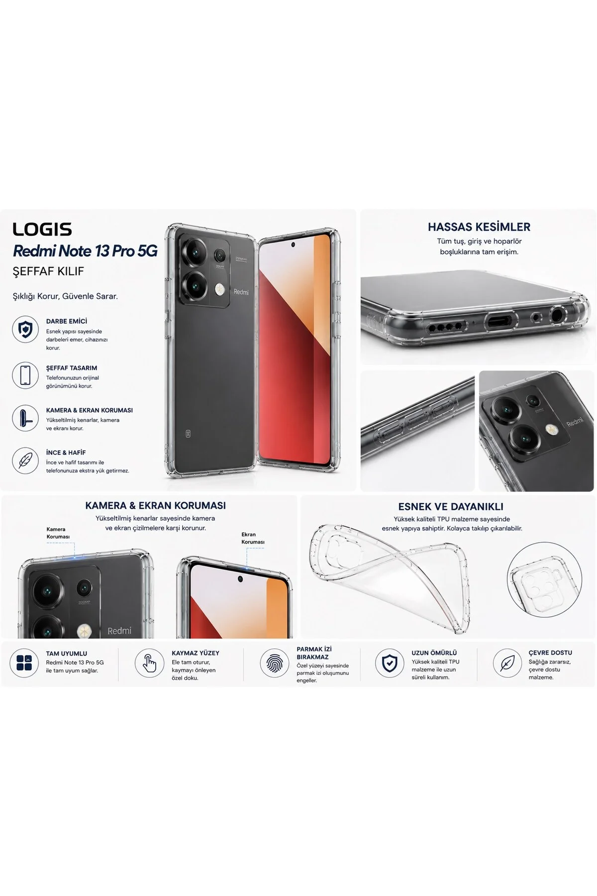 Xiaomi Redmi Note 13 Pro 5G Uyumlu Şeffaf Silikon Kılıf | Kamera Korumalı Darbe Emici İnce Esn - Logis Görsel 3