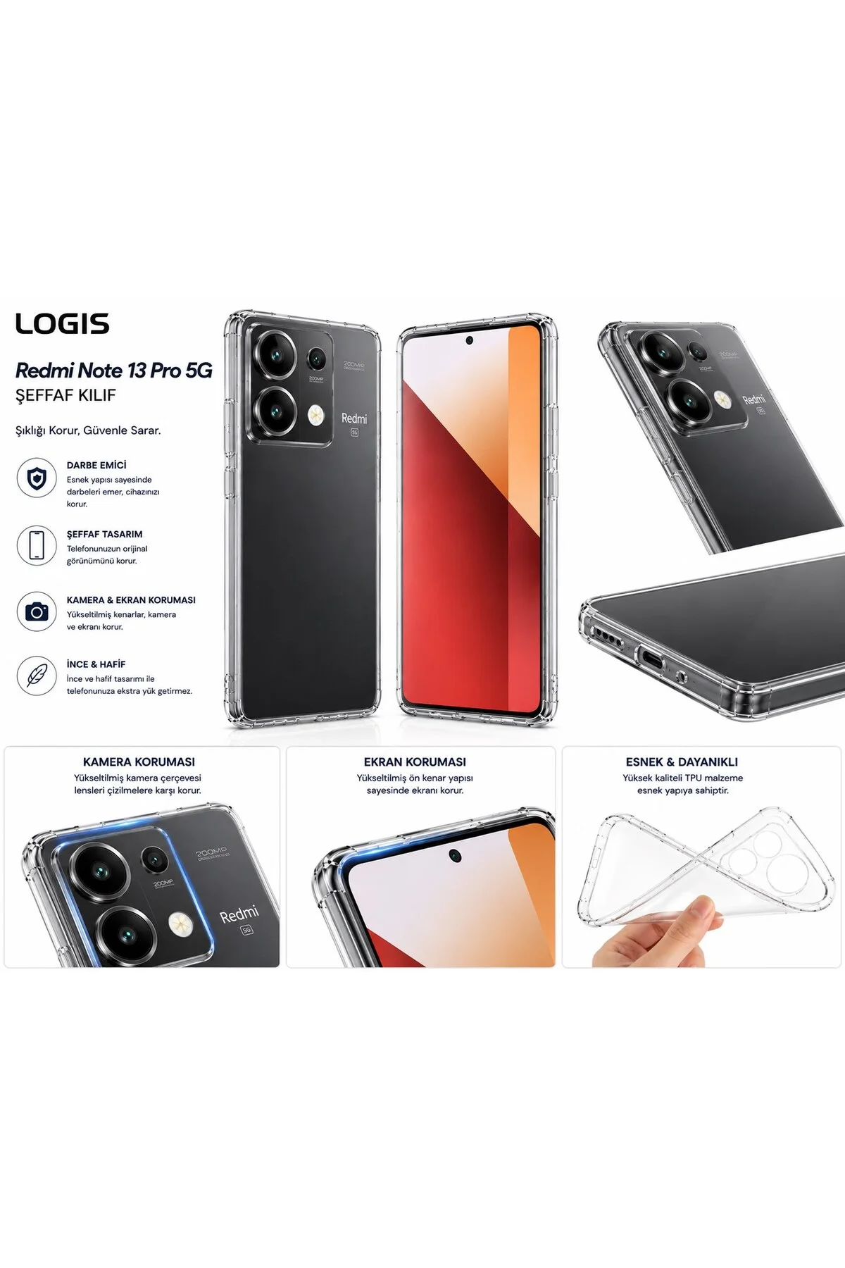 Xiaomi Redmi Note 13 Pro 5G Uyumlu Şeffaf Silikon Kılıf | Kamera Korumalı Darbe Emici İnce Esn - Logis Görsel 4