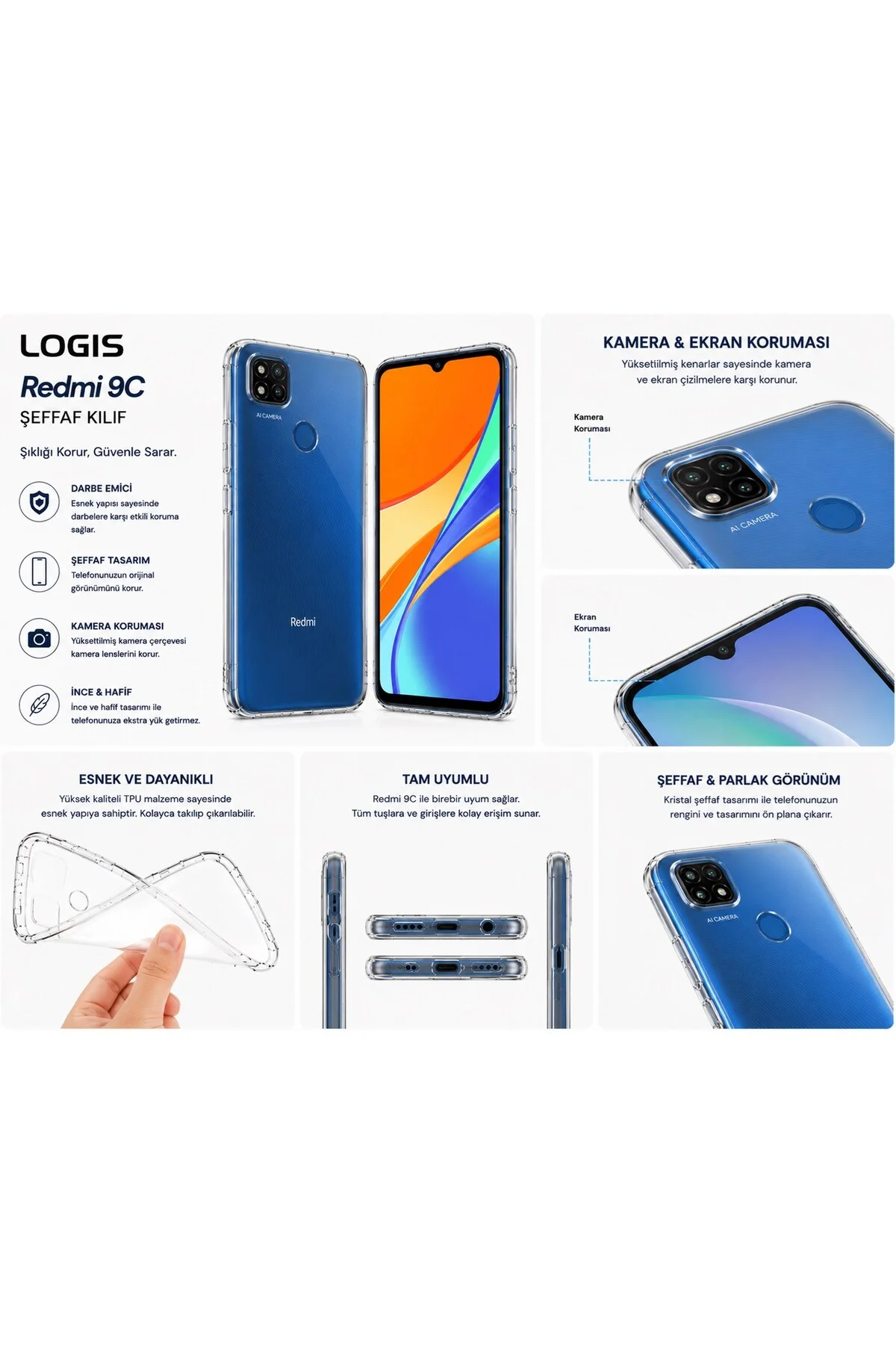 Xiaomi Redmi 9C Uyumlu Şeffaf Silikon Kılıf | Kamera Korumalı Darbe Emici İnce Esnek TPU Telef - Logis Görsel 6