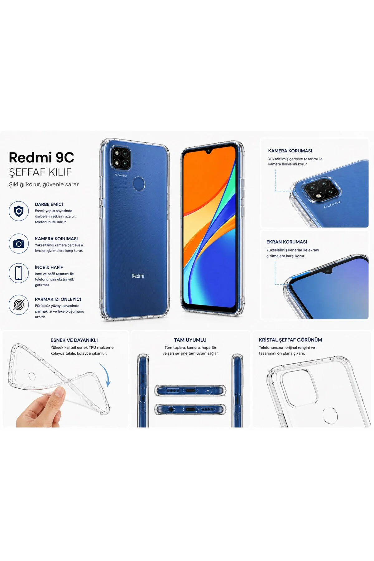 Xiaomi Redmi 9C Uyumlu Şeffaf Silikon Kılıf | Kamera Korumalı Darbe Emici İnce Esnek TPU Telef - Logis Görsel 5