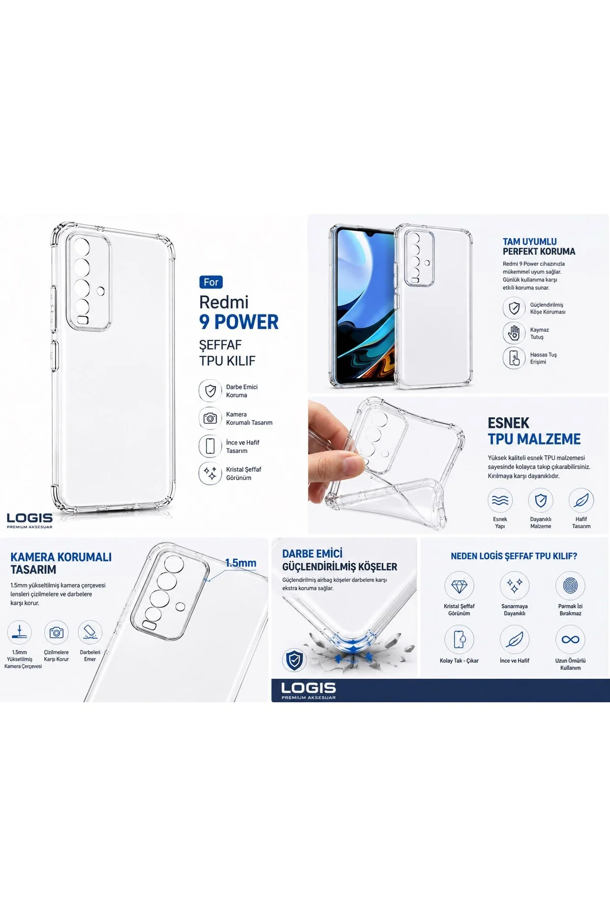 Xiaomi Redmi 9 Power Uyumlu Şeffaf Silikon Kılıf | Kamera Korumalı Darbe Emici İnce Esnek TPU - Logis Görsel 4