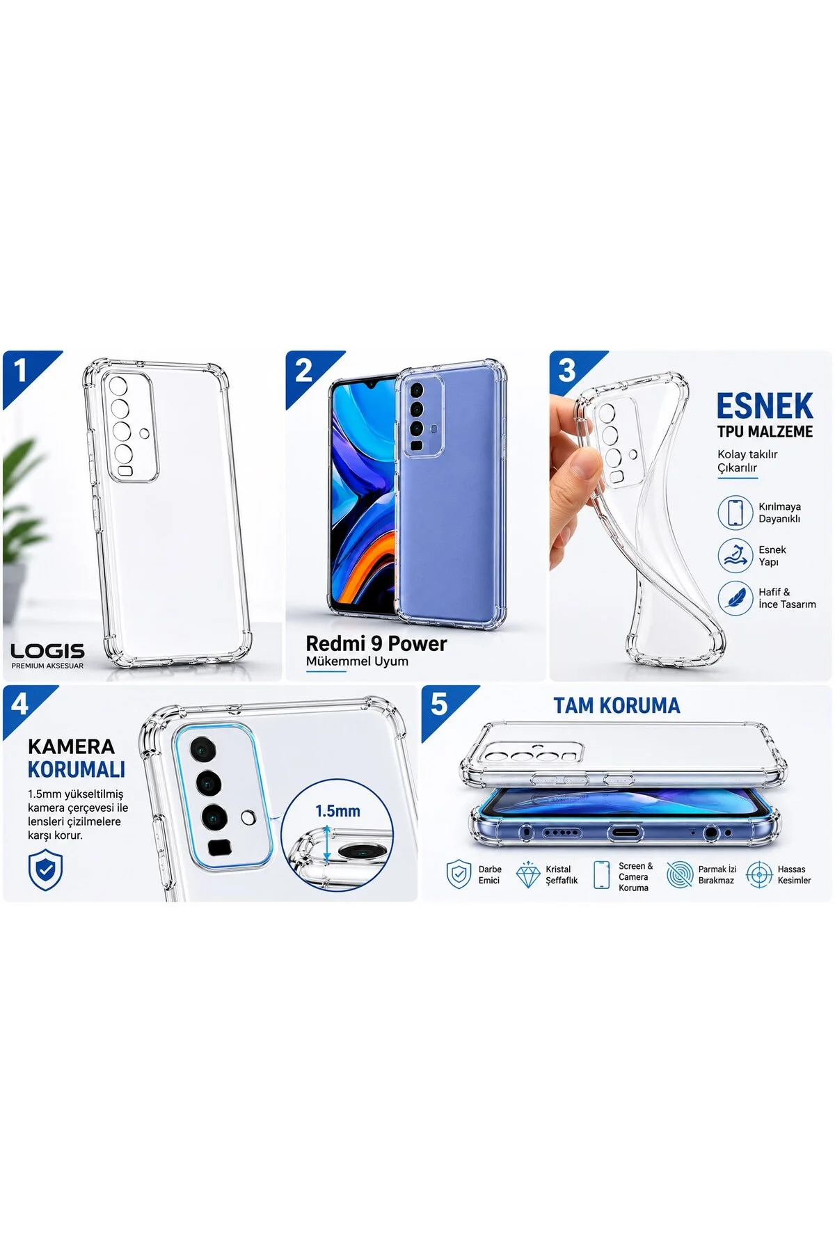 Xiaomi Redmi 9 Power Uyumlu Şeffaf Silikon Kılıf | Kamera Korumalı Darbe Emici İnce Esnek TPU - Logis Görsel 3