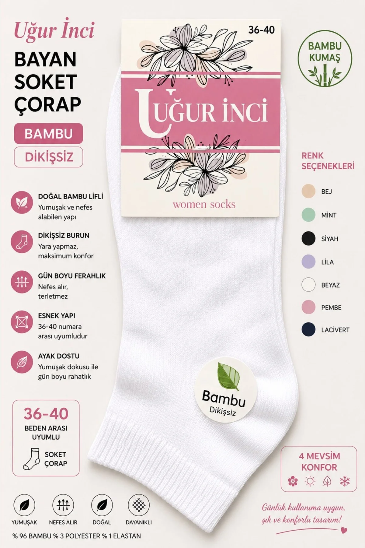 Bambu Dikişsiz Soket Çorap 36-40 Numara Yumuşak Dokulu Günlük Çorap 6 lı Paket