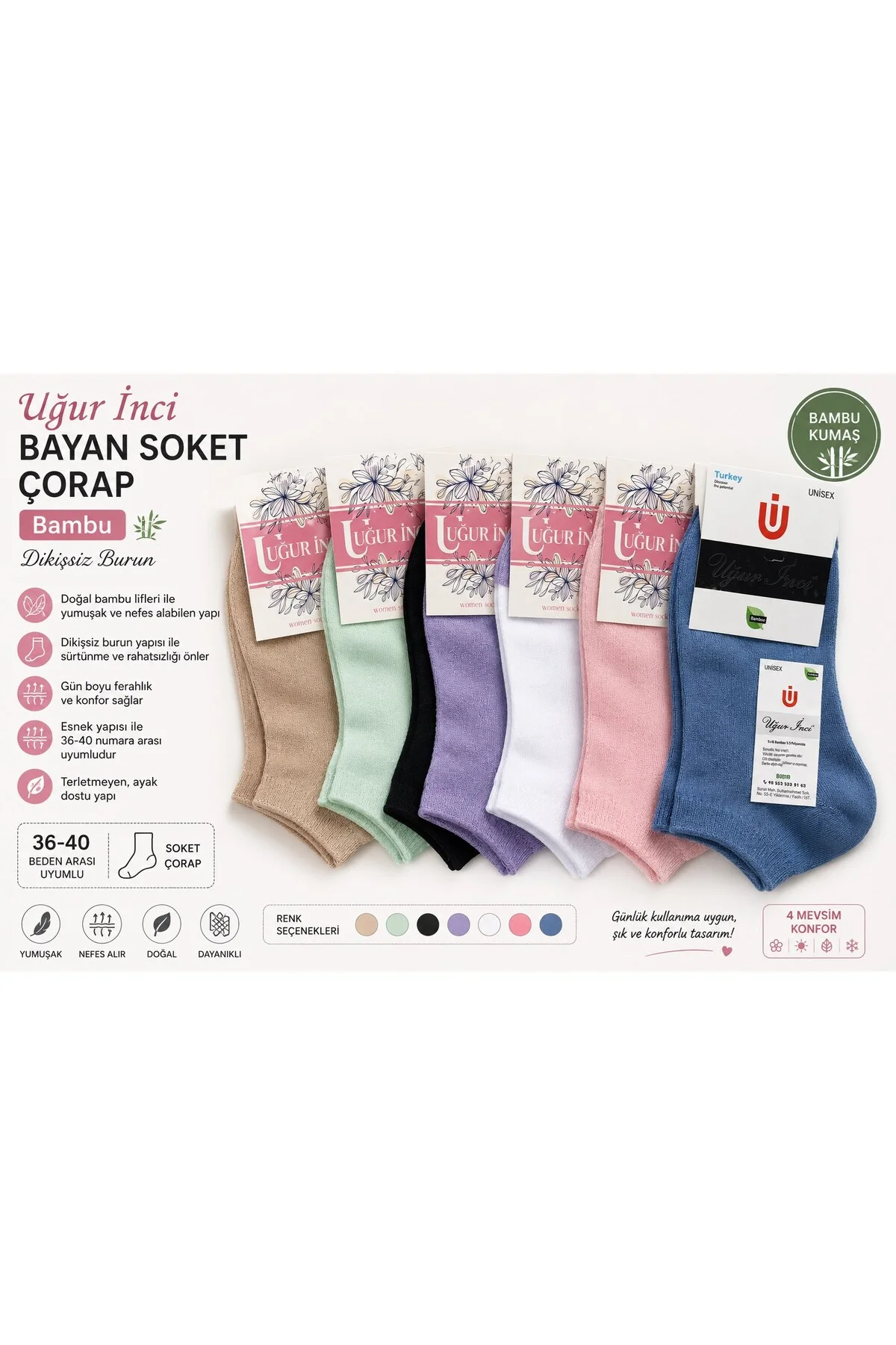 Bambu Dikişsiz Soket Çorap 36-40 Numara Yumuşak Dokulu Günlük Çorap 6 lı Paket - Uğur İnci Görsel 3