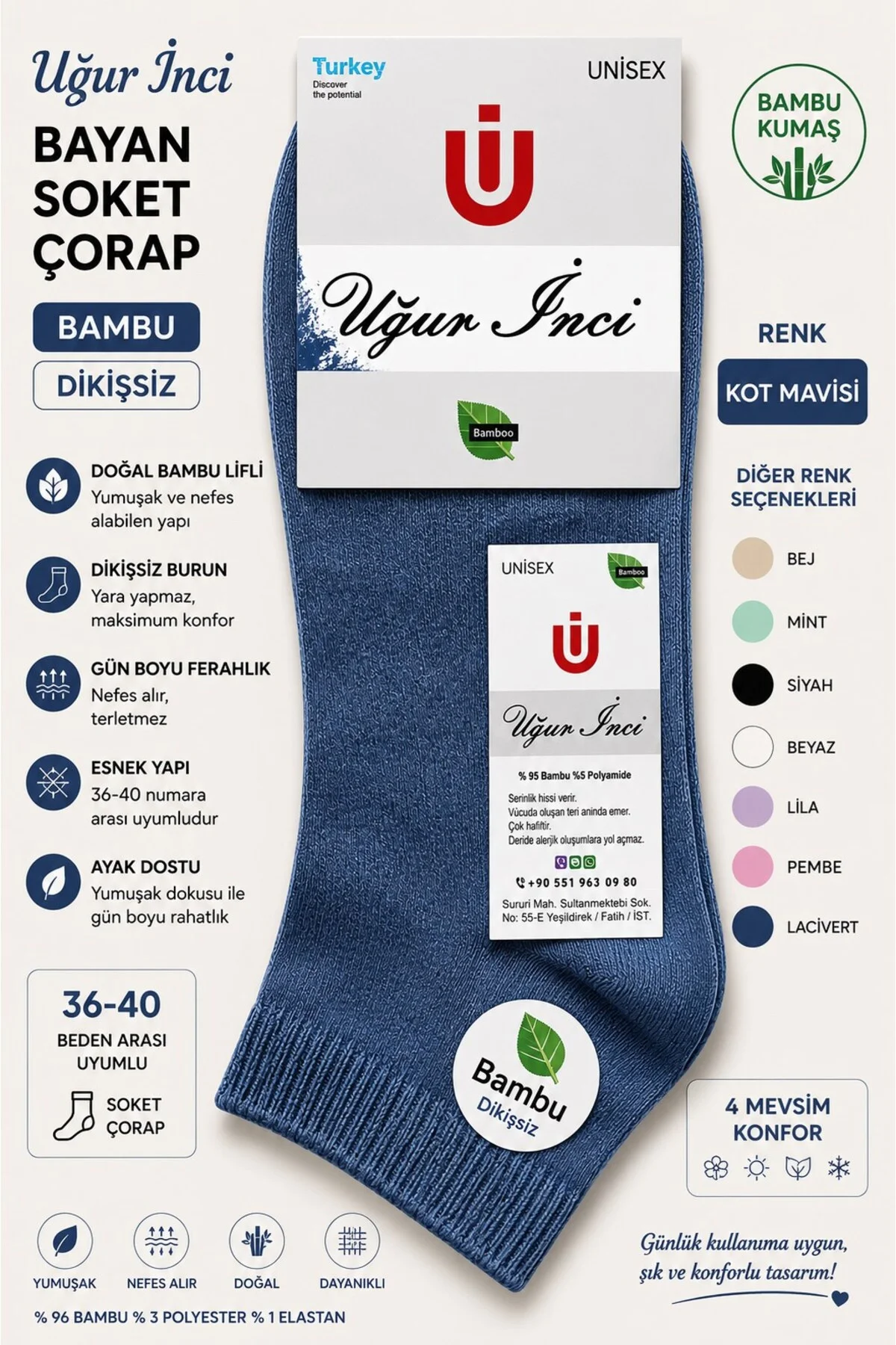 Bambu Dikişsiz Soket Çorap 36-40 Numara Yumuşak Dokulu Günlük Çorap 6 lı Paket