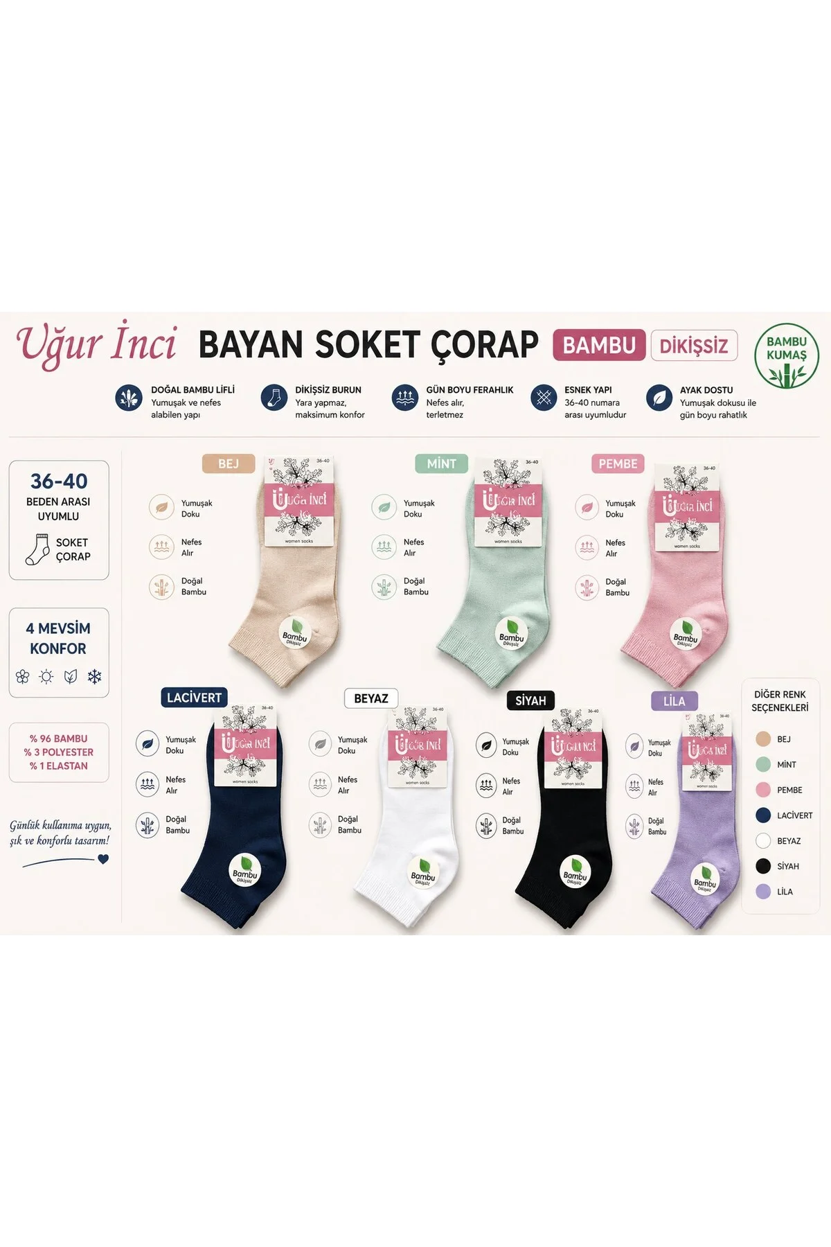 Bambu Dikişsiz Soket Çorap 36-40 Numara Yumuşak Dokulu Günlük Çorap 6 lı Paket - Uğur İnci Görsel 3