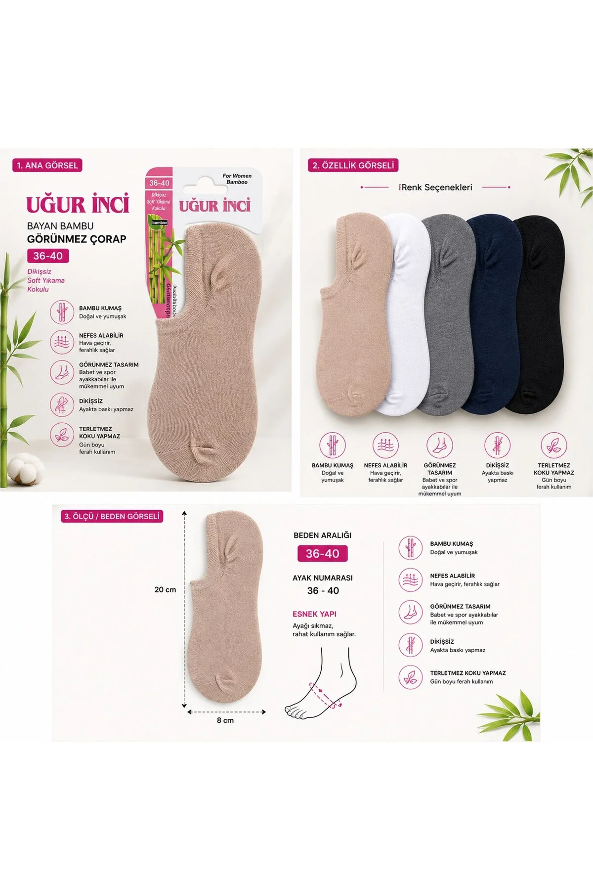 Bambu Görünmez Çorap 36-40 Dikişsiz Nefes Alan Babet Çorap 6 lı Paket - Uğur İnci Görsel 2