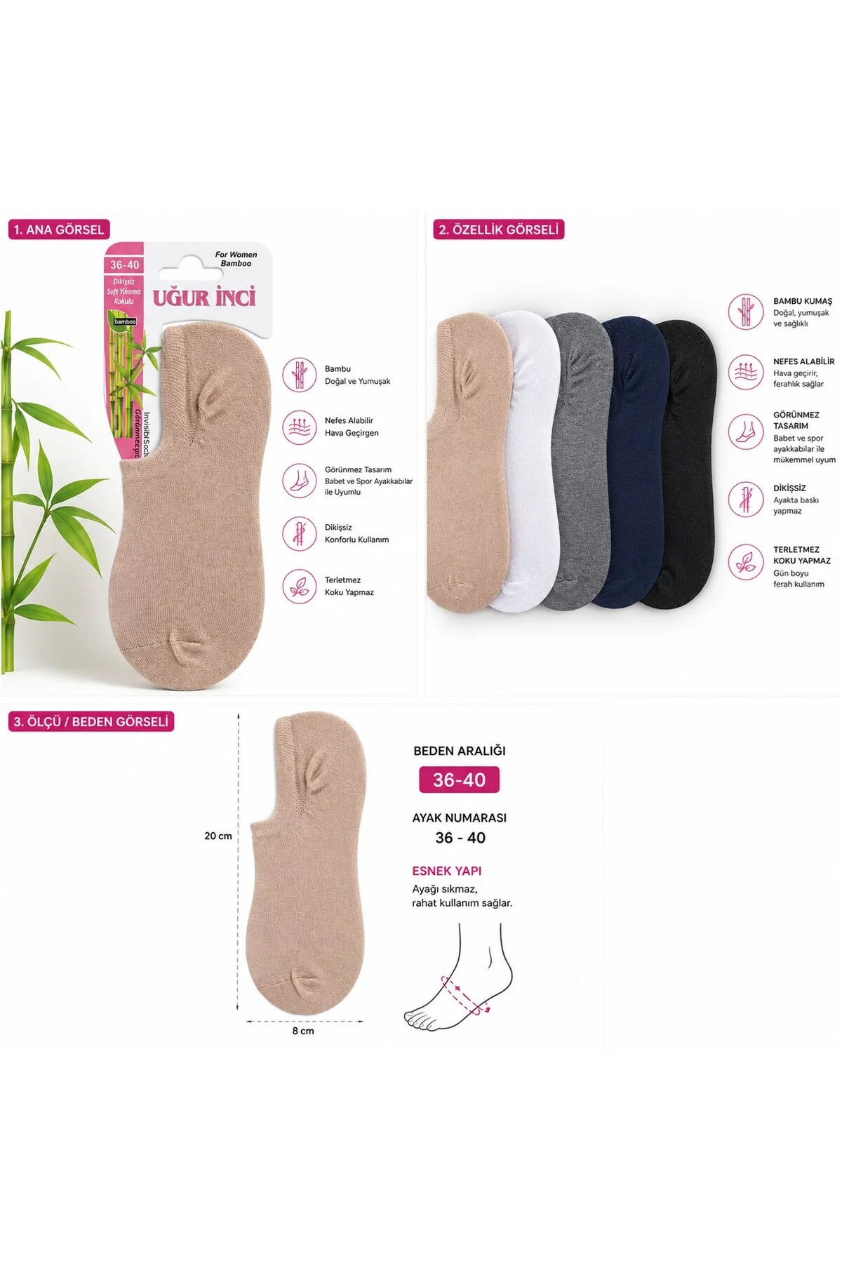 Bambu Görünmez Çorap 36-40 Dikişsiz Nefes Alan Babet Çorap 3 lü Paket - Uğur İnci Görsel 4