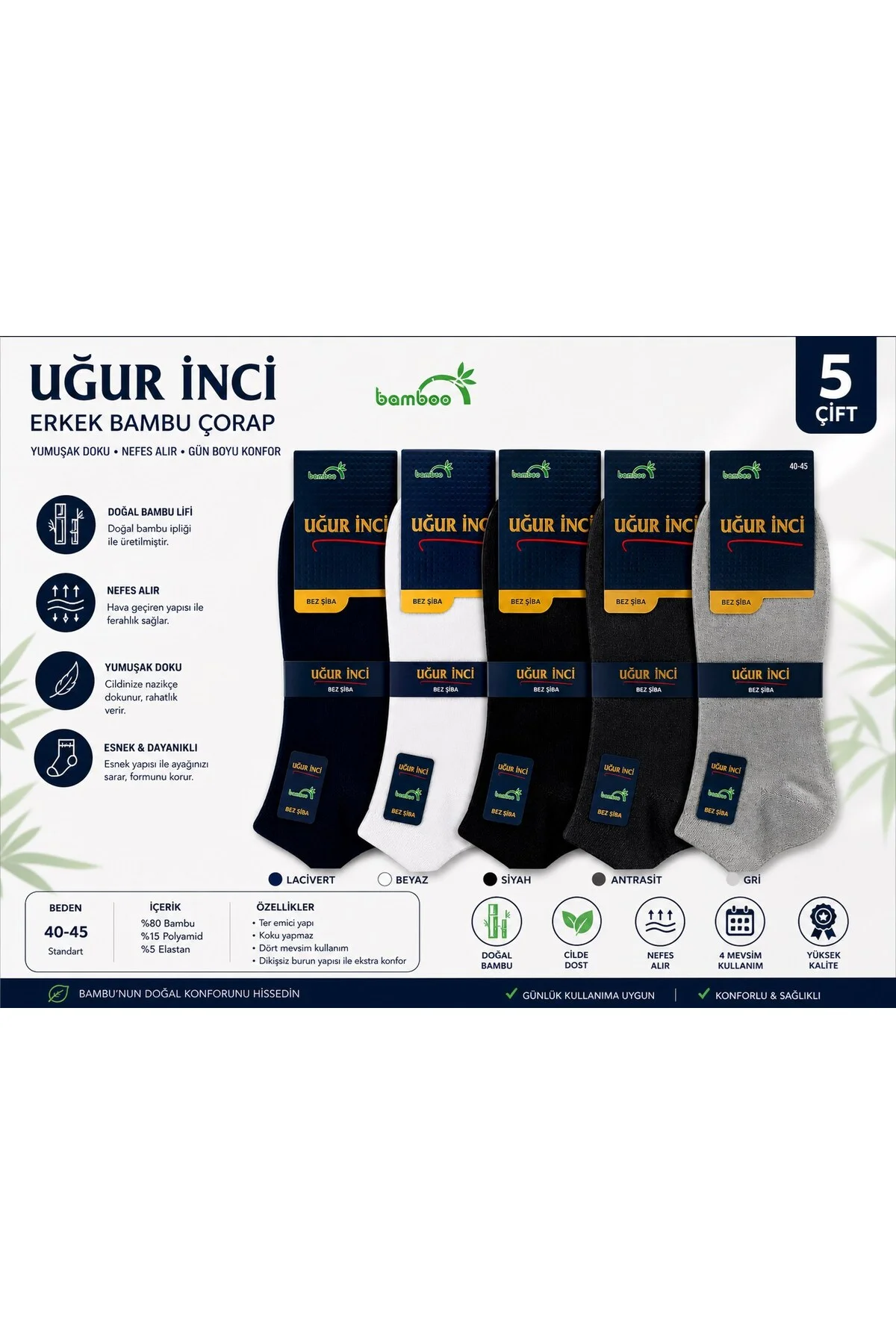 Bambu Çorap Unisex Nefes Alabilen Terletmez Yumuşak Günlük Çorap 6 lı paket - Uğur İnci Görsel 4
