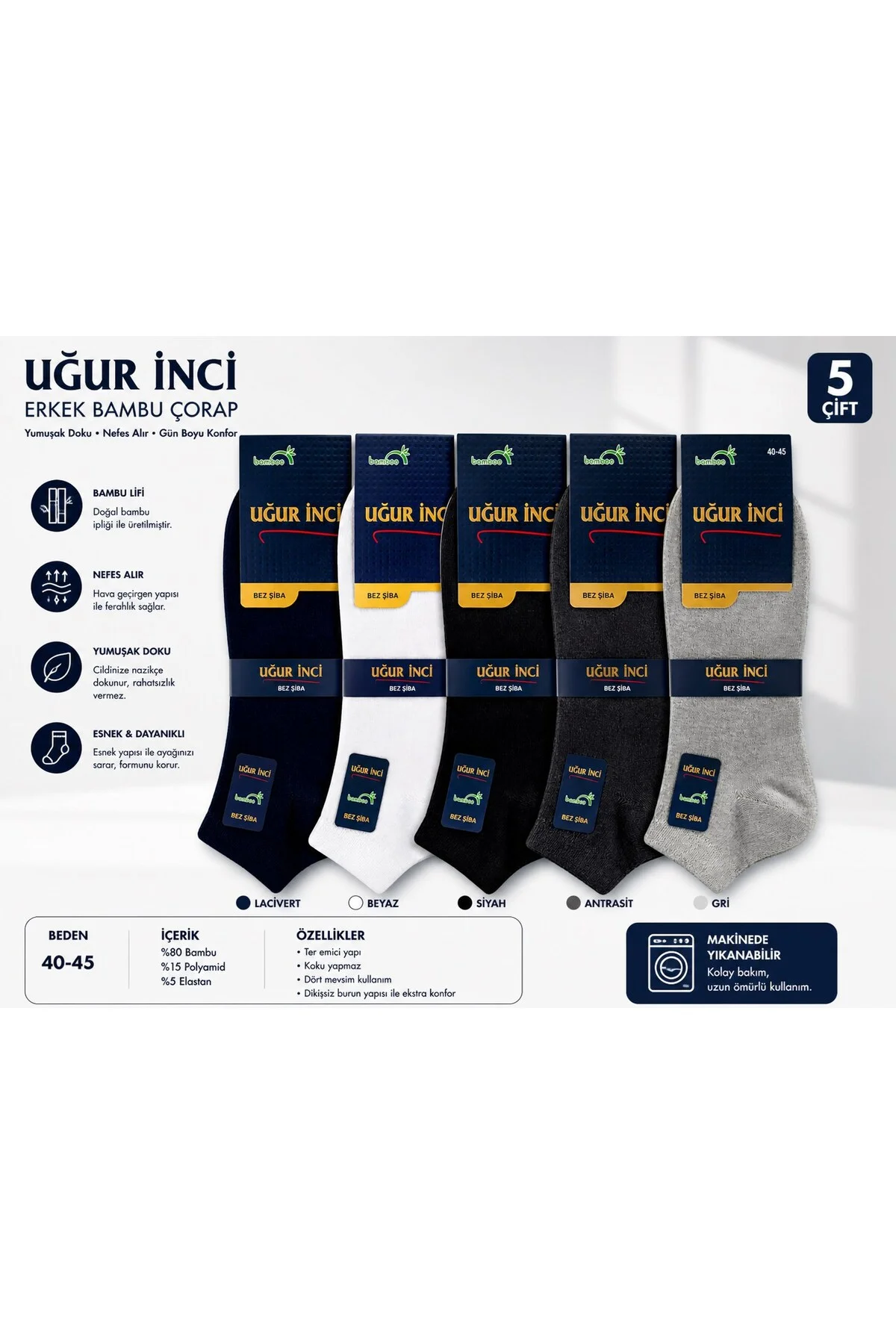 Bambu Çorap Unisex Nefes Alabilen Terletmez Yumuşak Günlük Çorap 6 lı paket - Uğur İnci Görsel 3