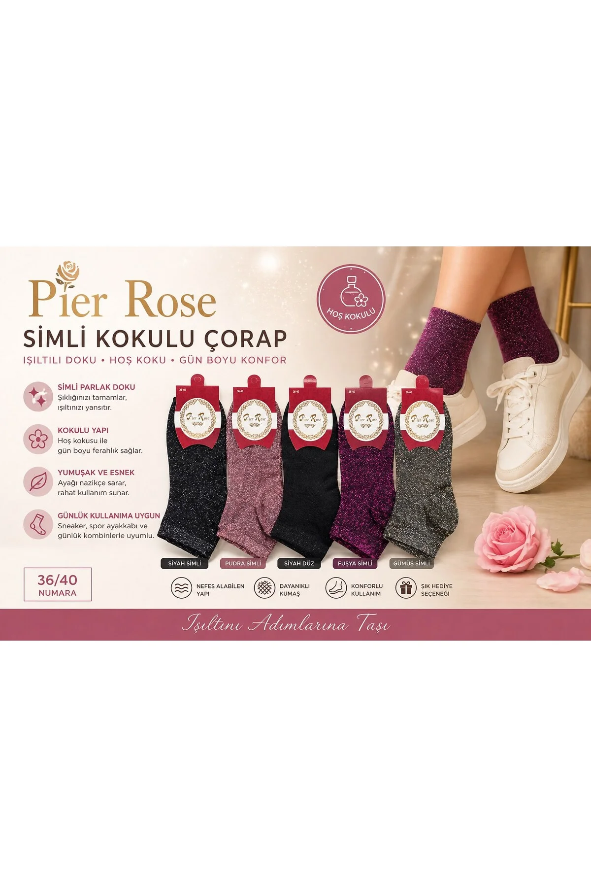 Pier Rose Simli Kadın Çorap Kokulu Parlak Soket Çorap 6 'lı Paket - Logis Görsel 4