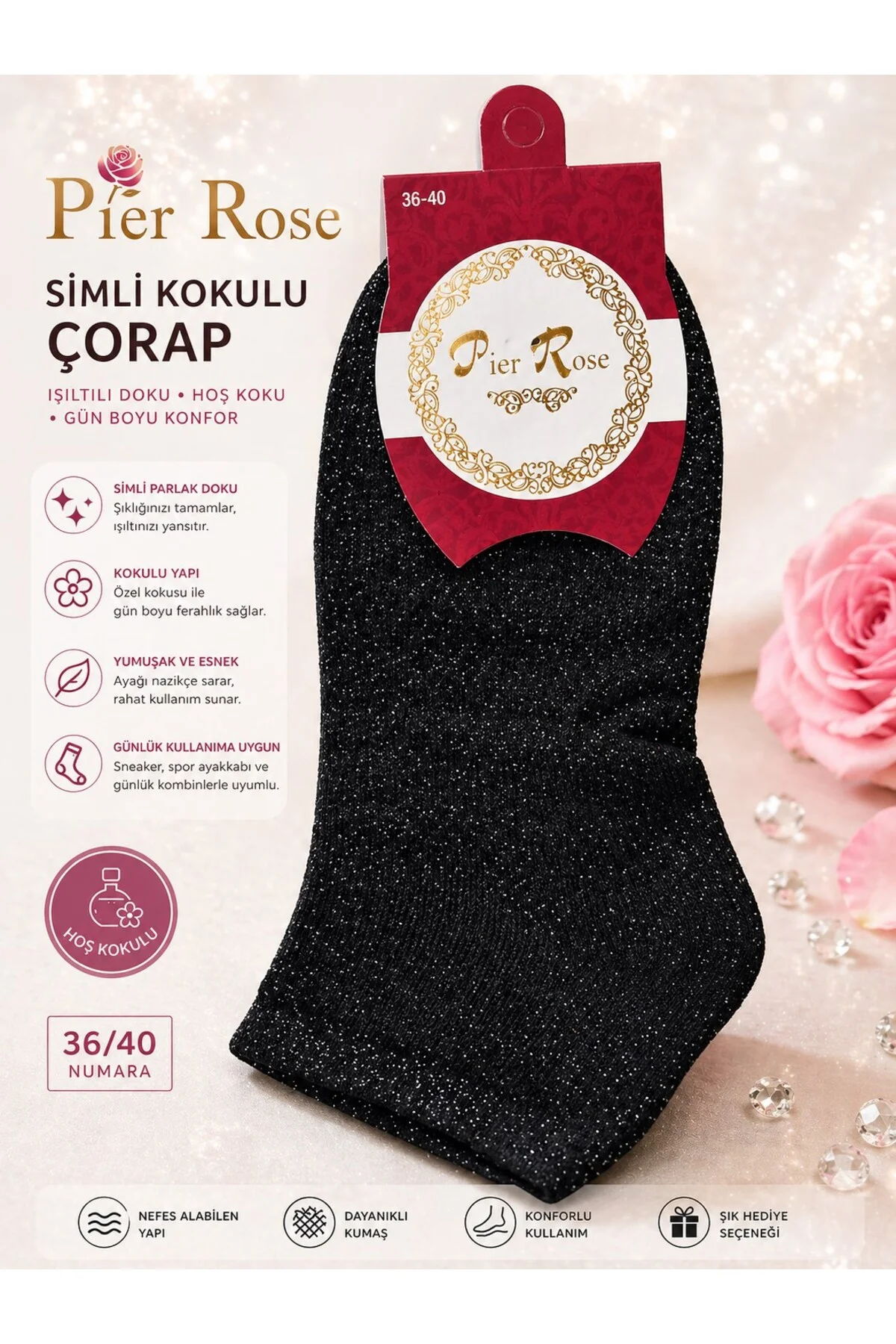 Pier Rose Simli Kadın Çorap Kokulu Parlak Soket Çorap 6 'lı Paket