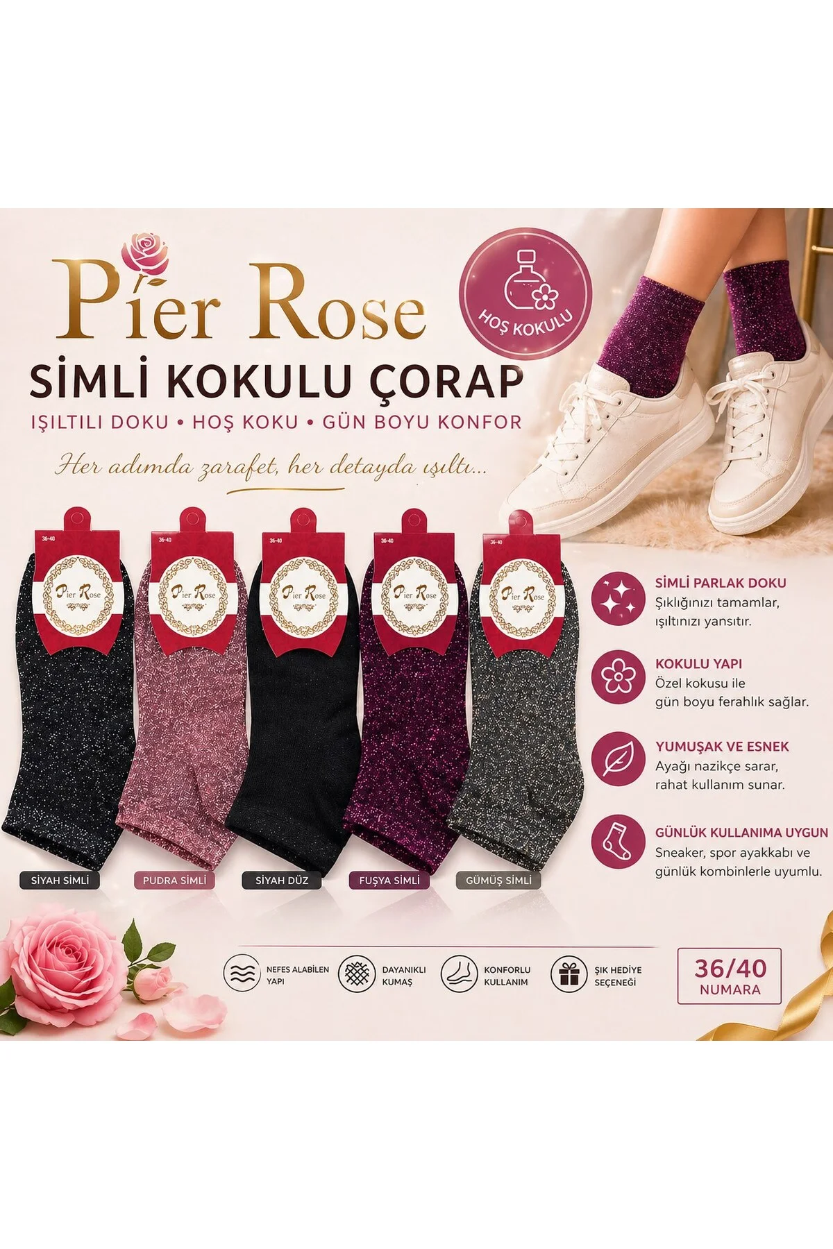 Pier Rose Simli Kadın Çorap Kokulu Parlak Soket Çorap 3 lü Paket - Logis Görsel 3